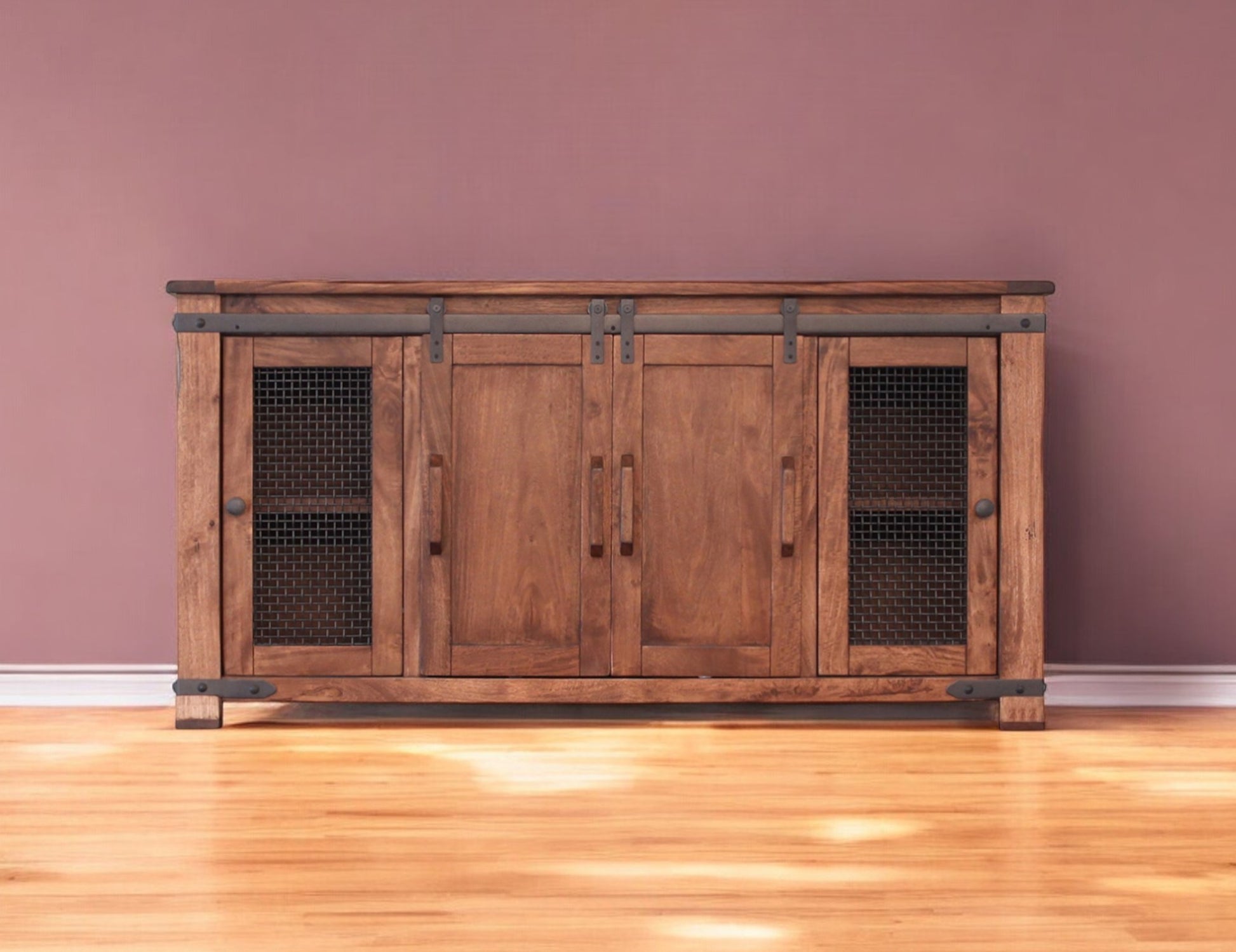 70" Brown Solid Wood Cabinet Enclosed Storage Distressed TV Stand-TV Stands-DECOROLALA