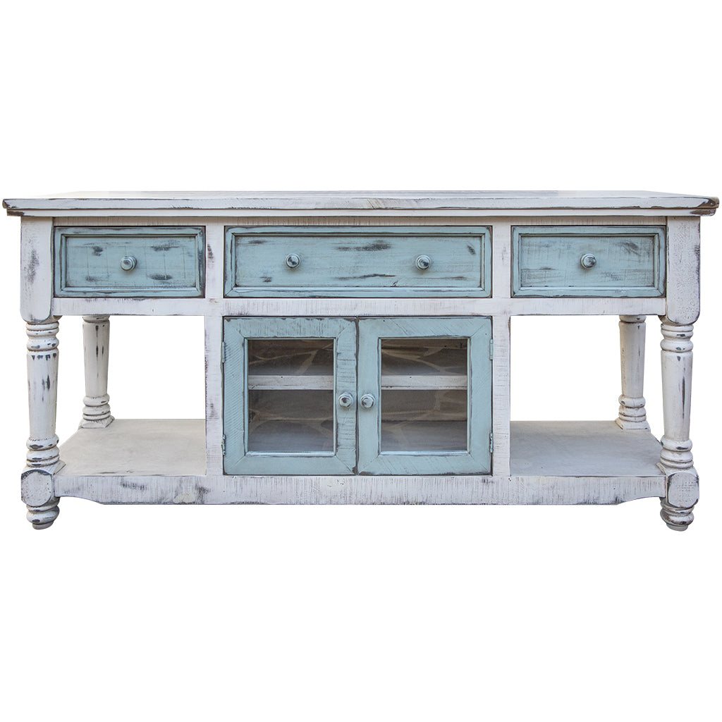 70" Blue and White Solid Wood Open shelving Distressed TV Stand-TV Stands-DECOROLALA