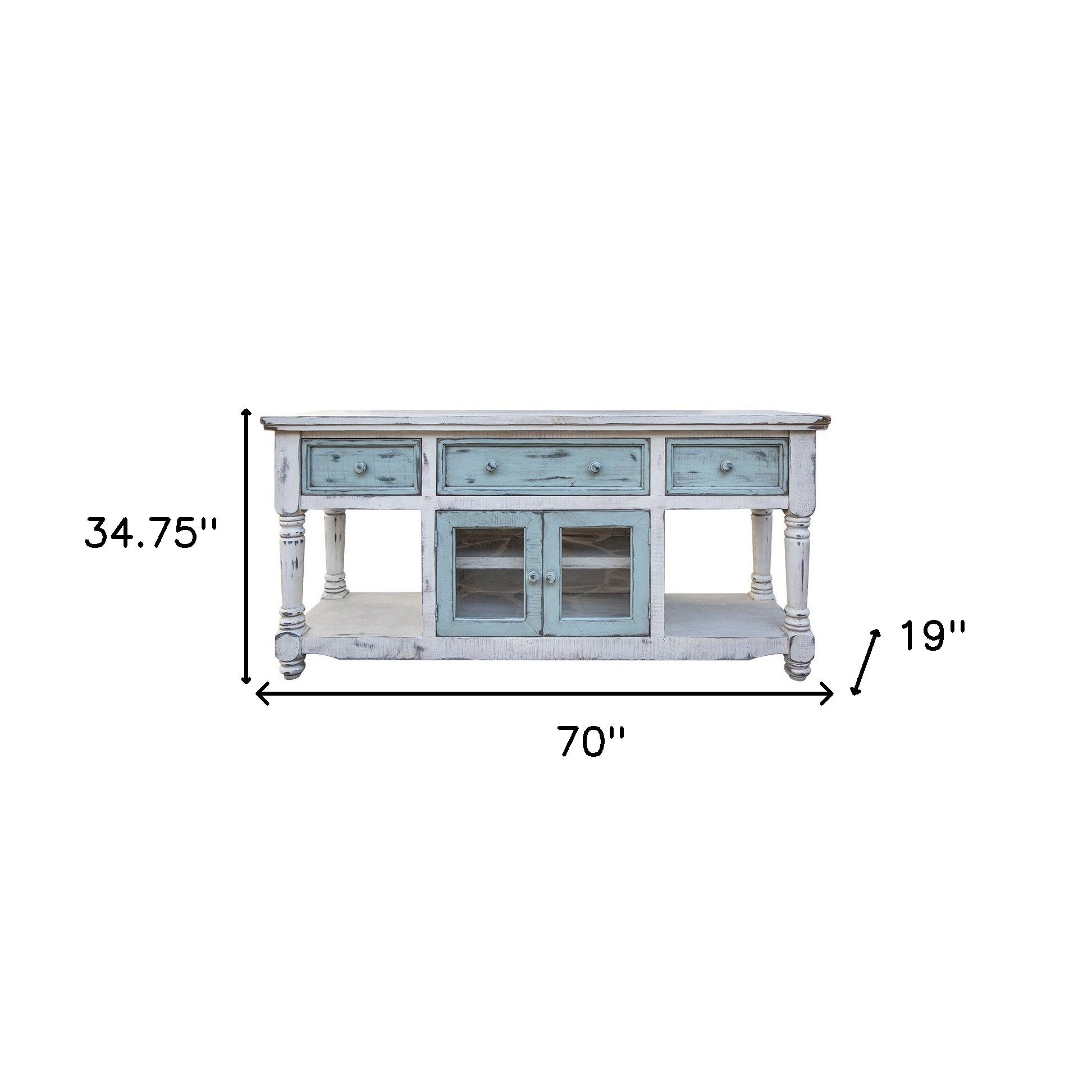 70" Blue and White Solid Wood Open shelving Distressed TV Stand-TV Stands-DECOROLALA