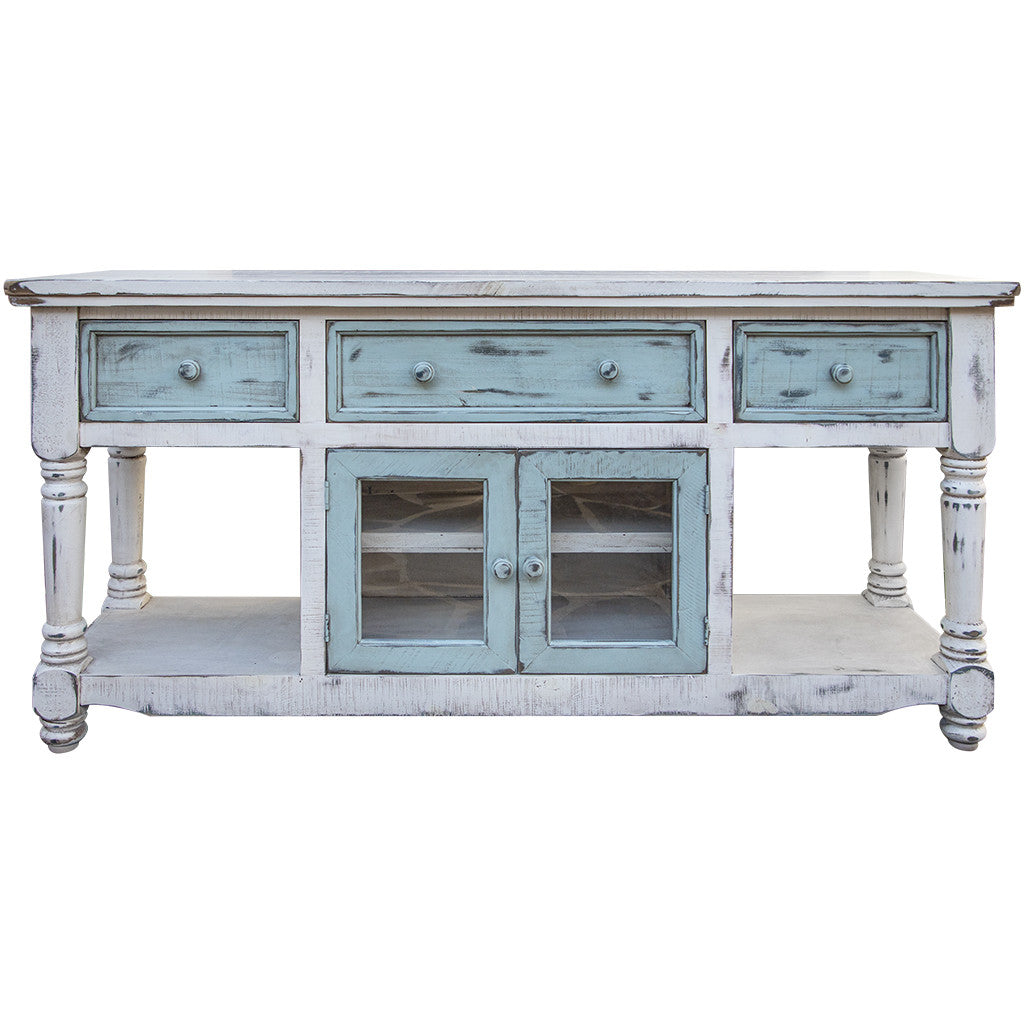 70" Blue and White Solid Wood Open shelving Distressed TV Stand-TV Stands-DECOROLALA
