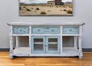 70" Blue and White Solid Wood Open shelving Distressed TV Stand-TV Stands-DECOROLALA