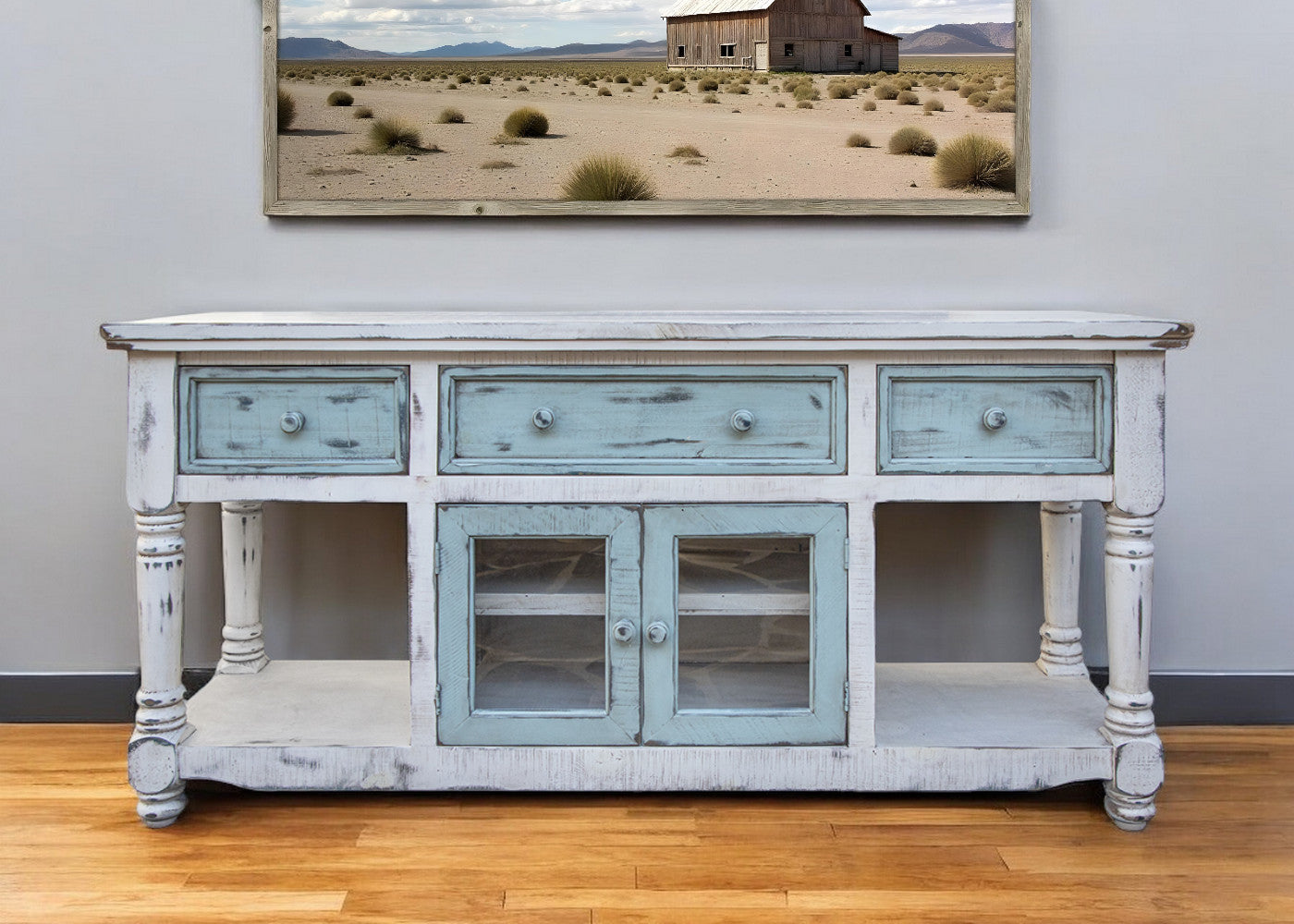70" Blue and White Solid Wood Open shelving Distressed TV Stand-TV Stands-DECOROLALA