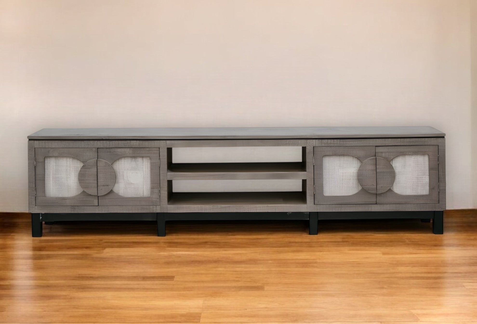 93" Gray Solid Wood Cabinet Enclosed Storage Distressed TV Stand-TV Stands-DECOROLALA