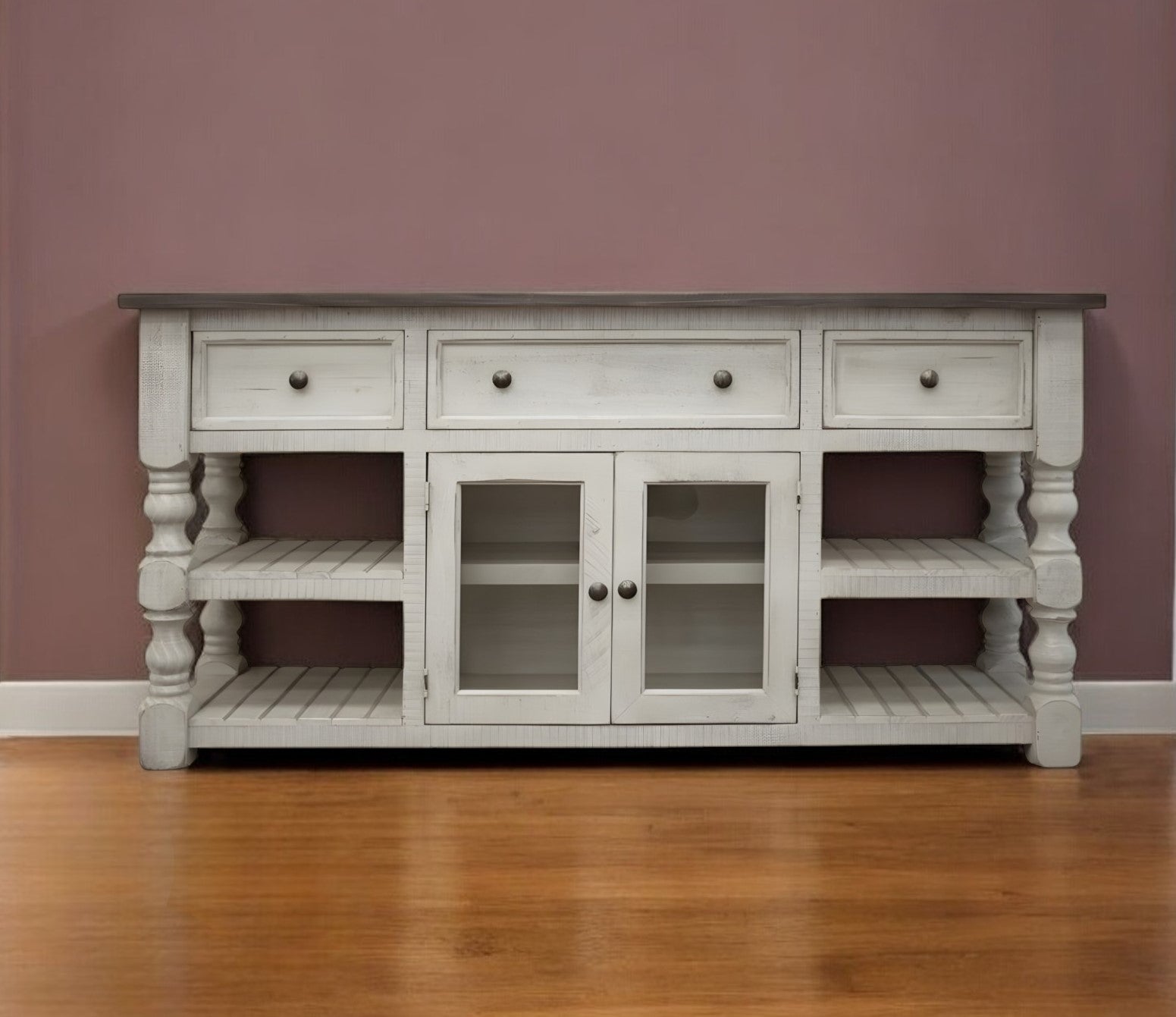 70" Ivory Solid Wood Open shelving Distressed TV Stand-TV Stands-DECOROLALA