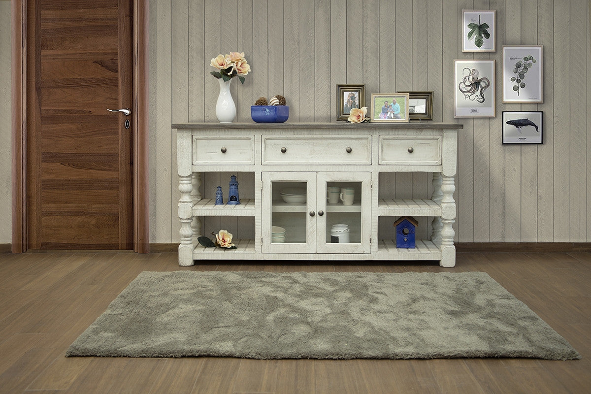 70" Ivory Solid Wood Open shelving Distressed TV Stand-TV Stands-DECOROLALA