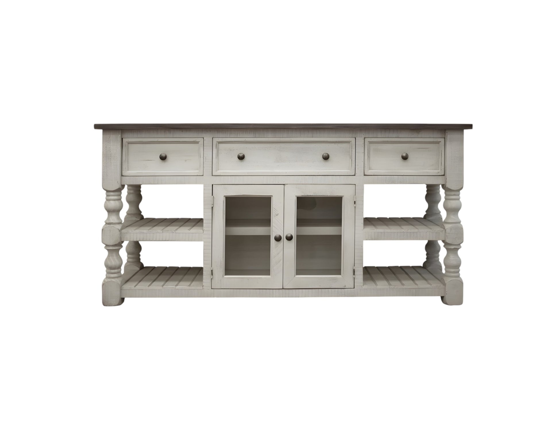 70" Ivory Solid Wood Open shelving Distressed TV Stand-TV Stands-DECOROLALA