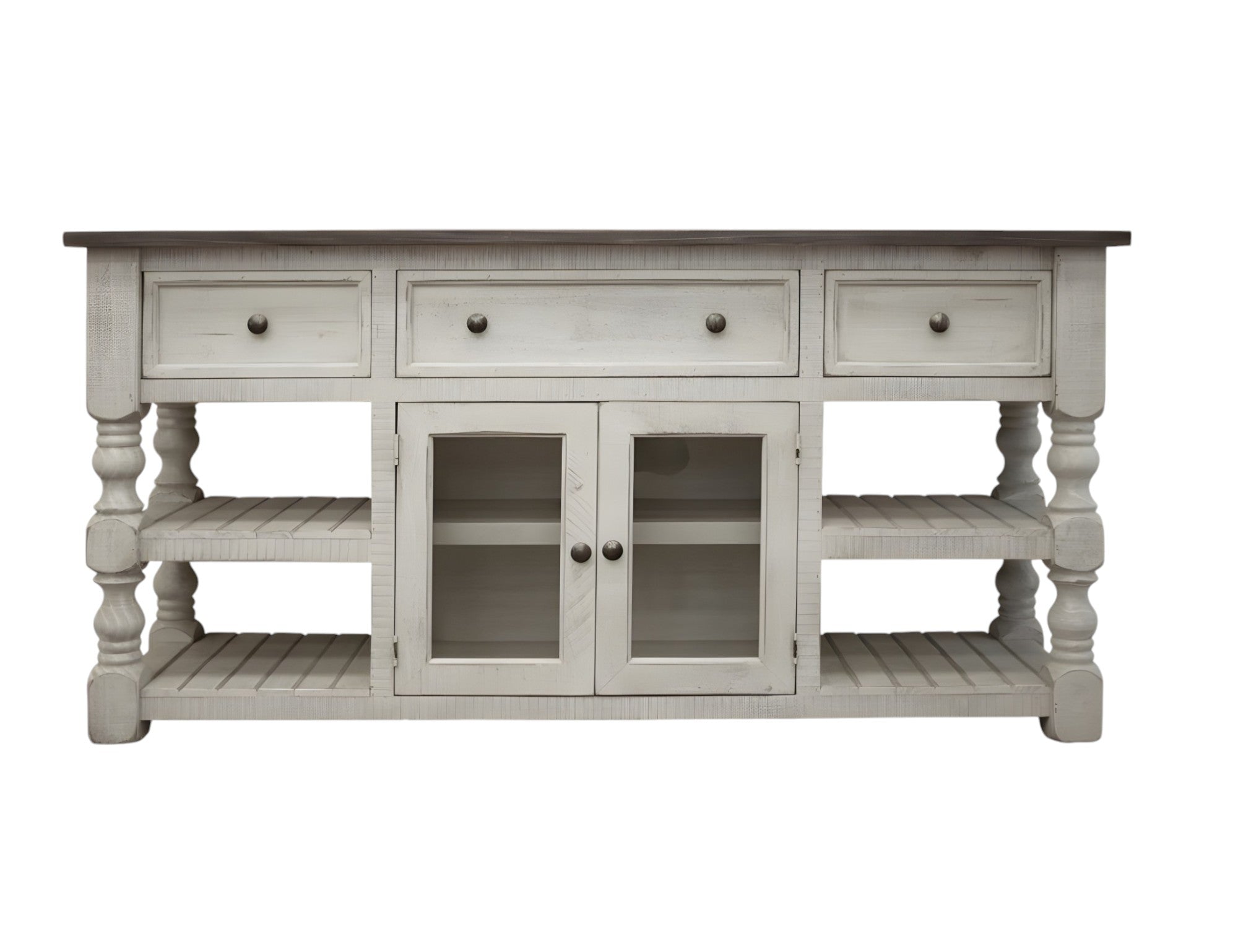 81" Ivory Solid Wood Open shelving Distressed TV Stand-TV Stands-DECOROLALA