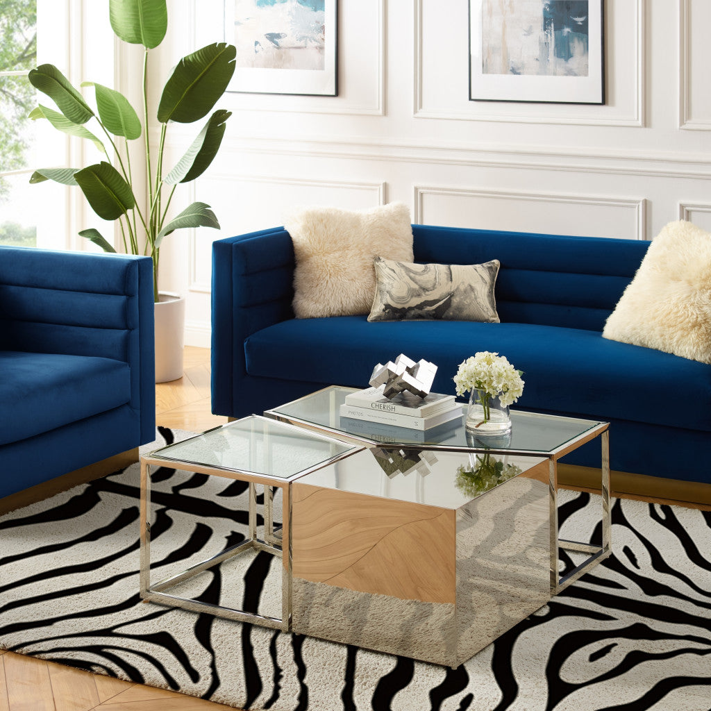 Set of Three 37" Clear And Silver Glass Stainless Steel Square Mirrored Bunching Coffee Tables-Coffee Tables-DECOROLALA