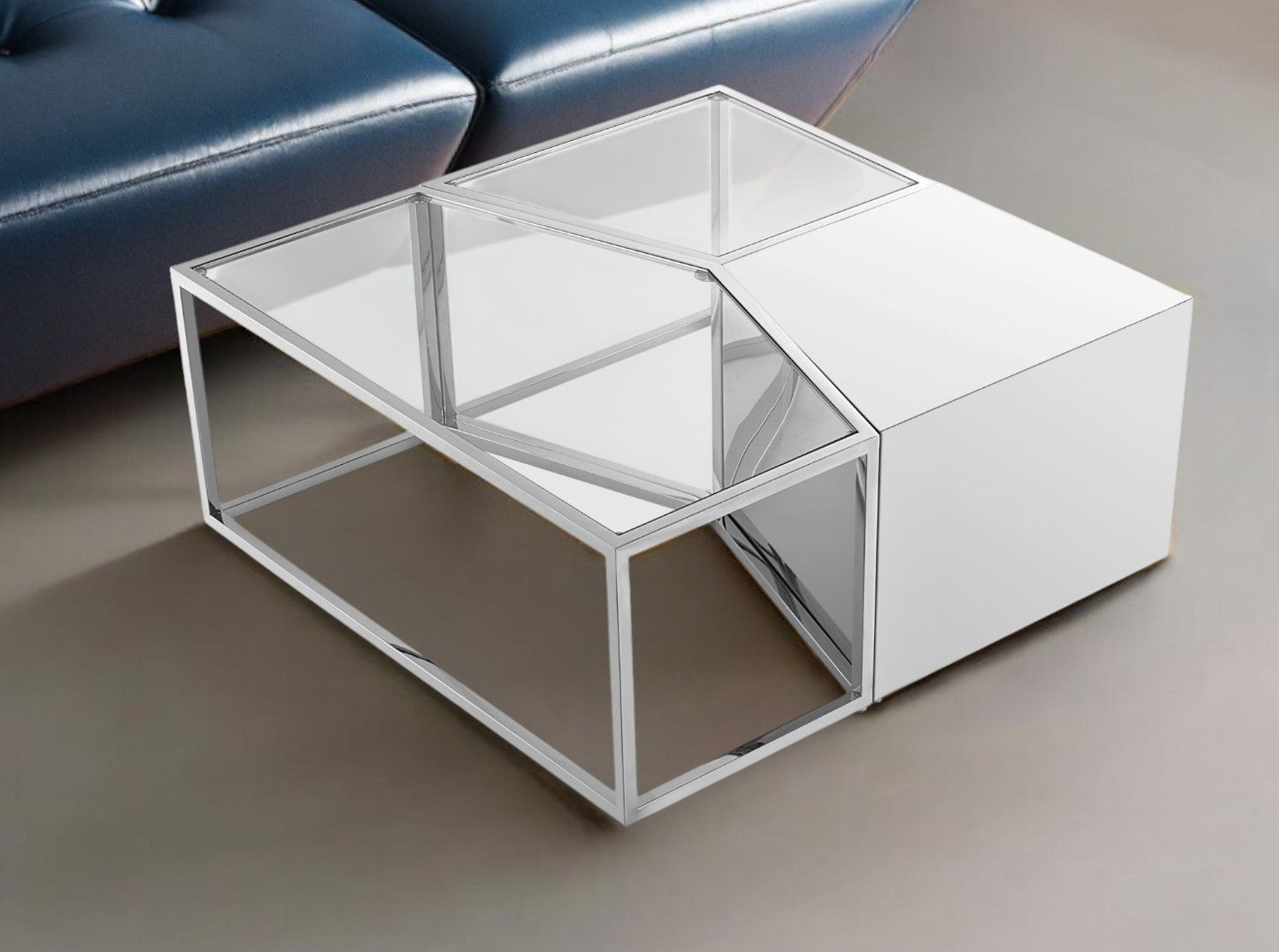 Set of Three 37" Clear And Silver Glass Stainless Steel Square Mirrored Bunching Coffee Tables-Coffee Tables-DECOROLALA