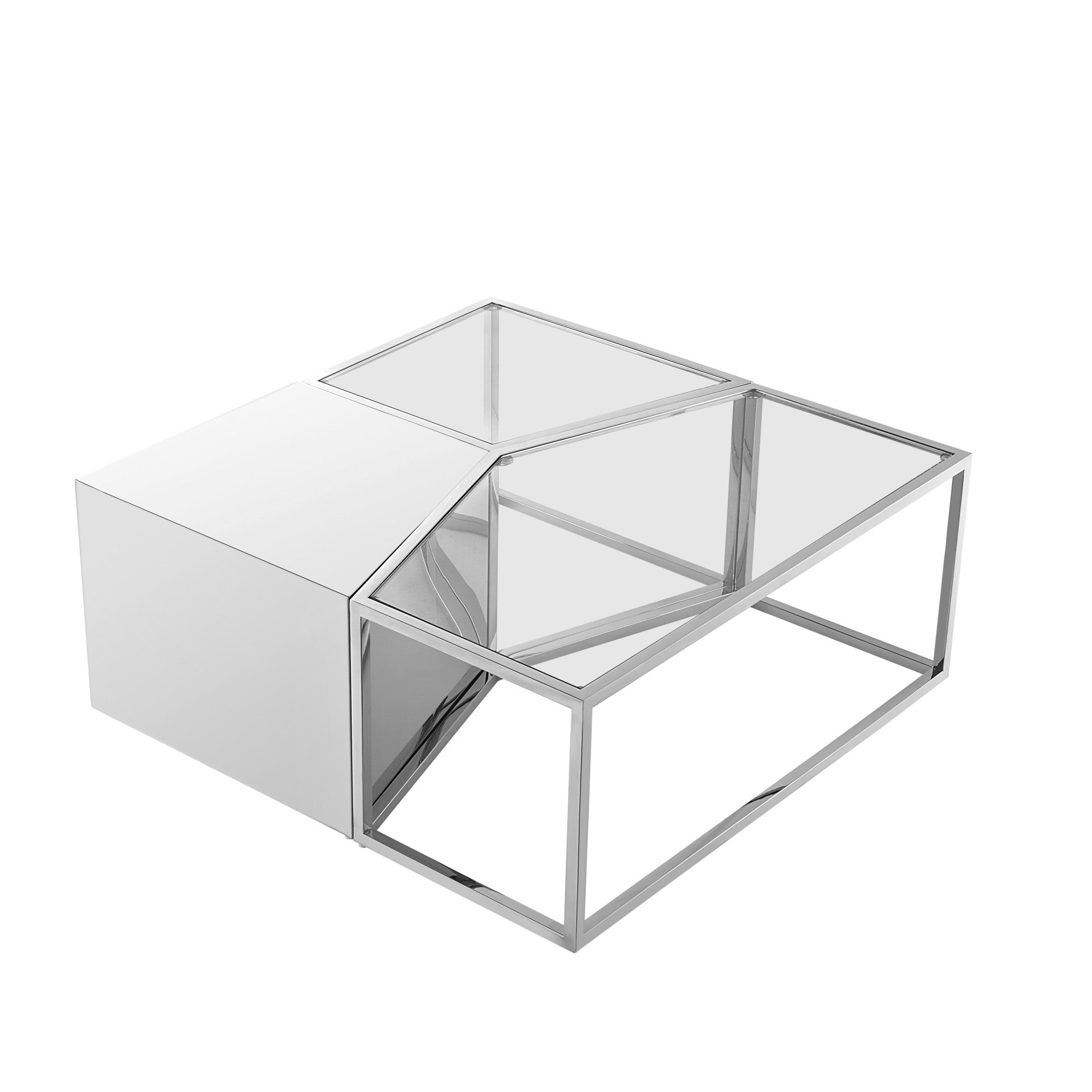 Set of Three 37" Clear And Silver Glass Stainless Steel Square Mirrored Bunching Coffee Tables-Coffee Tables-DECOROLALA