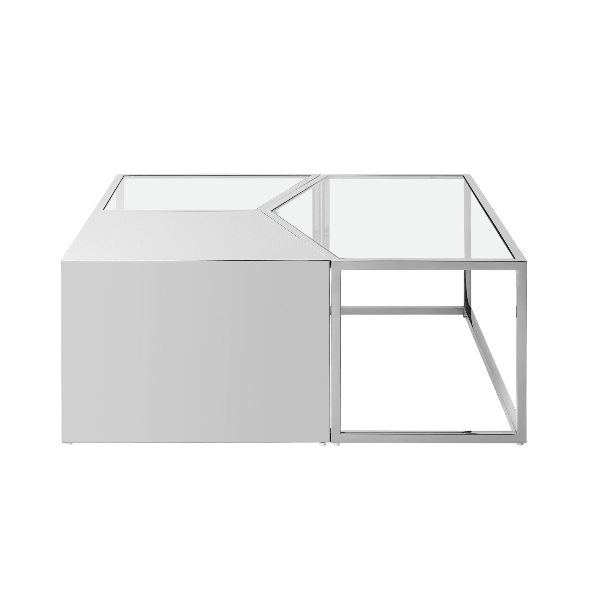 Set of Three 37" Clear And Silver Glass Stainless Steel Square Mirrored Bunching Coffee Tables-Coffee Tables-DECOROLALA