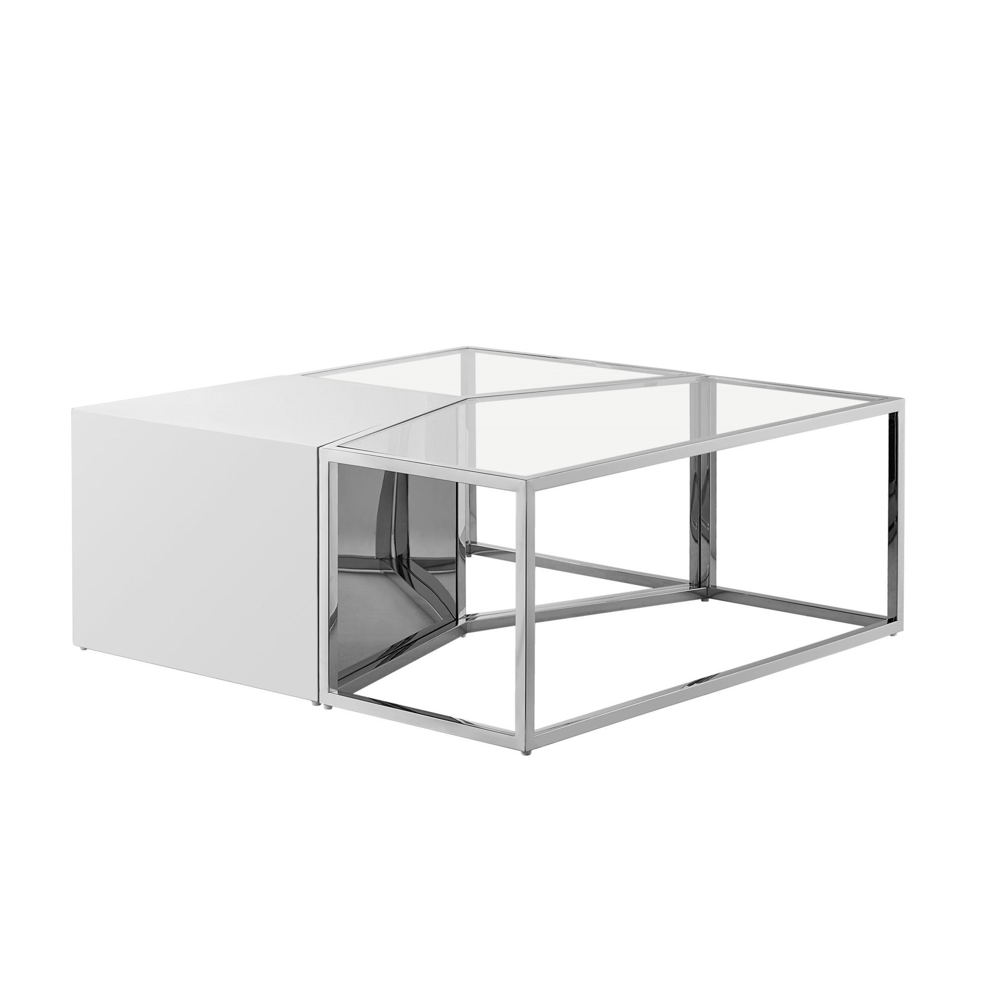 Set of Three 37" Clear And Silver Glass Stainless Steel Square Mirrored Bunching Coffee Tables-Coffee Tables-DECOROLALA