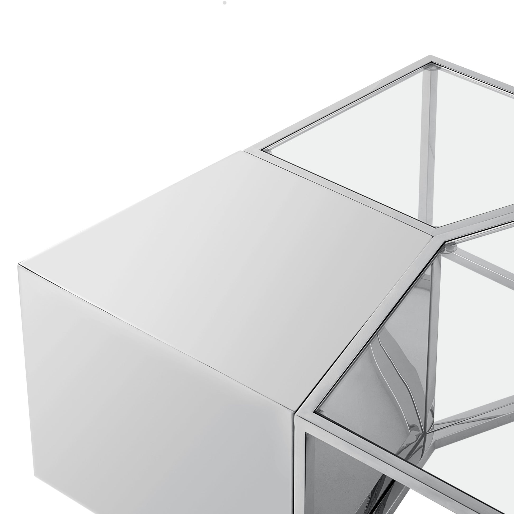 Set of Three 37" Clear And Silver Glass Stainless Steel Square Mirrored Bunching Coffee Tables-Coffee Tables-DECOROLALA