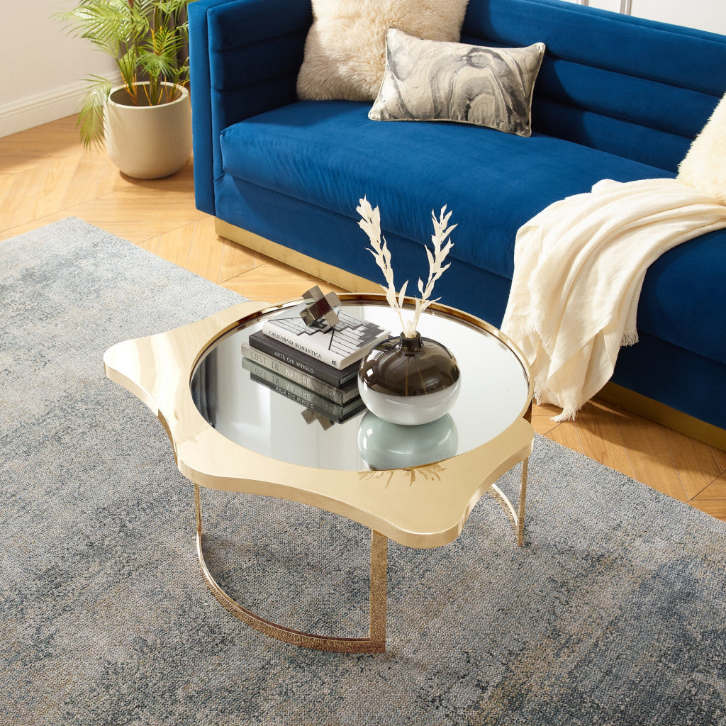 32" Gold Glass And Stainless Steel Round Mirrored Coffee Table-Coffee Tables-DECOROLALA