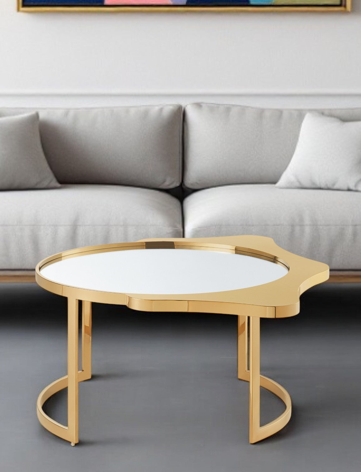 32" Gold Glass And Stainless Steel Round Mirrored Coffee Table-Coffee Tables-DECOROLALA