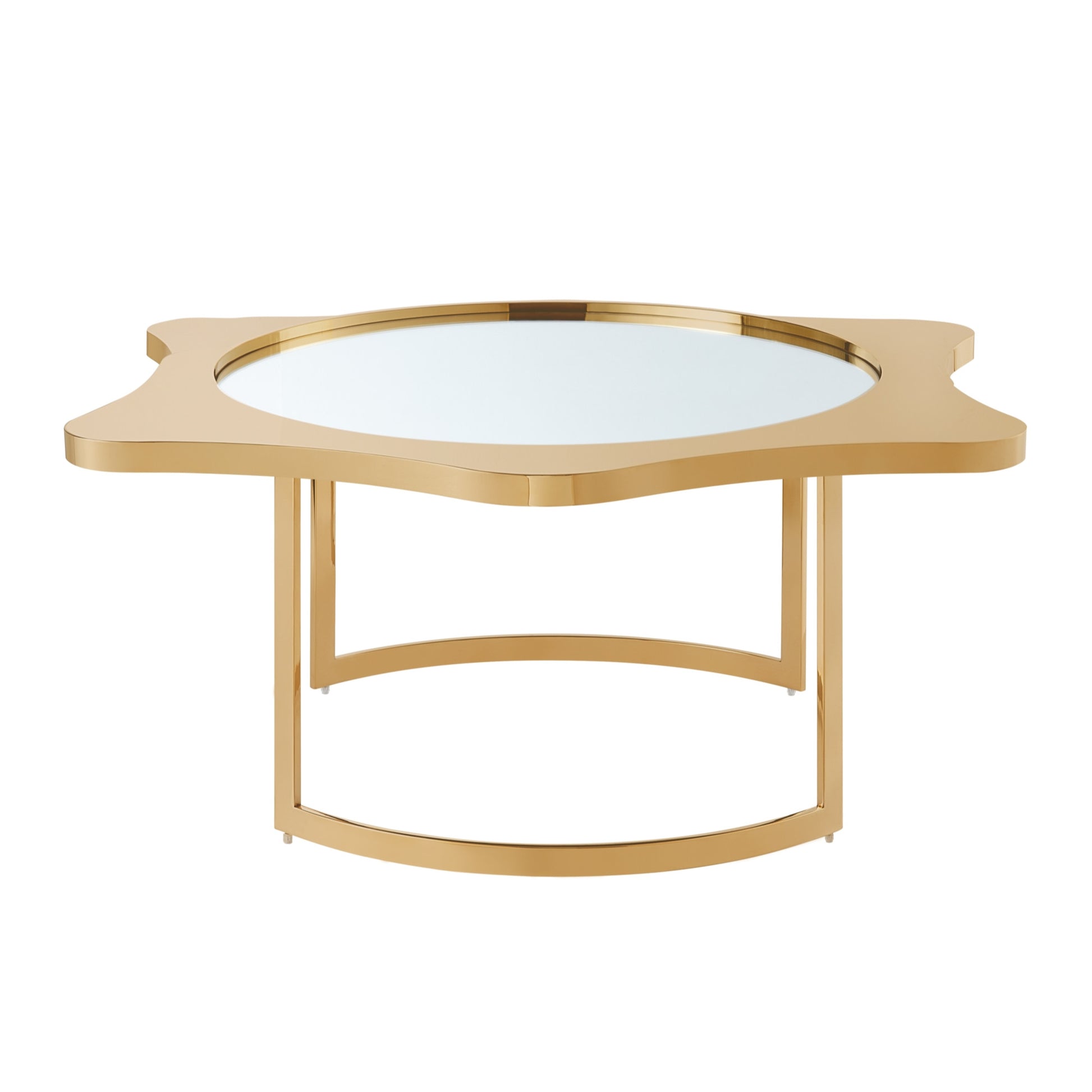 32" Gold Glass And Stainless Steel Round Mirrored Coffee Table-Coffee Tables-DECOROLALA