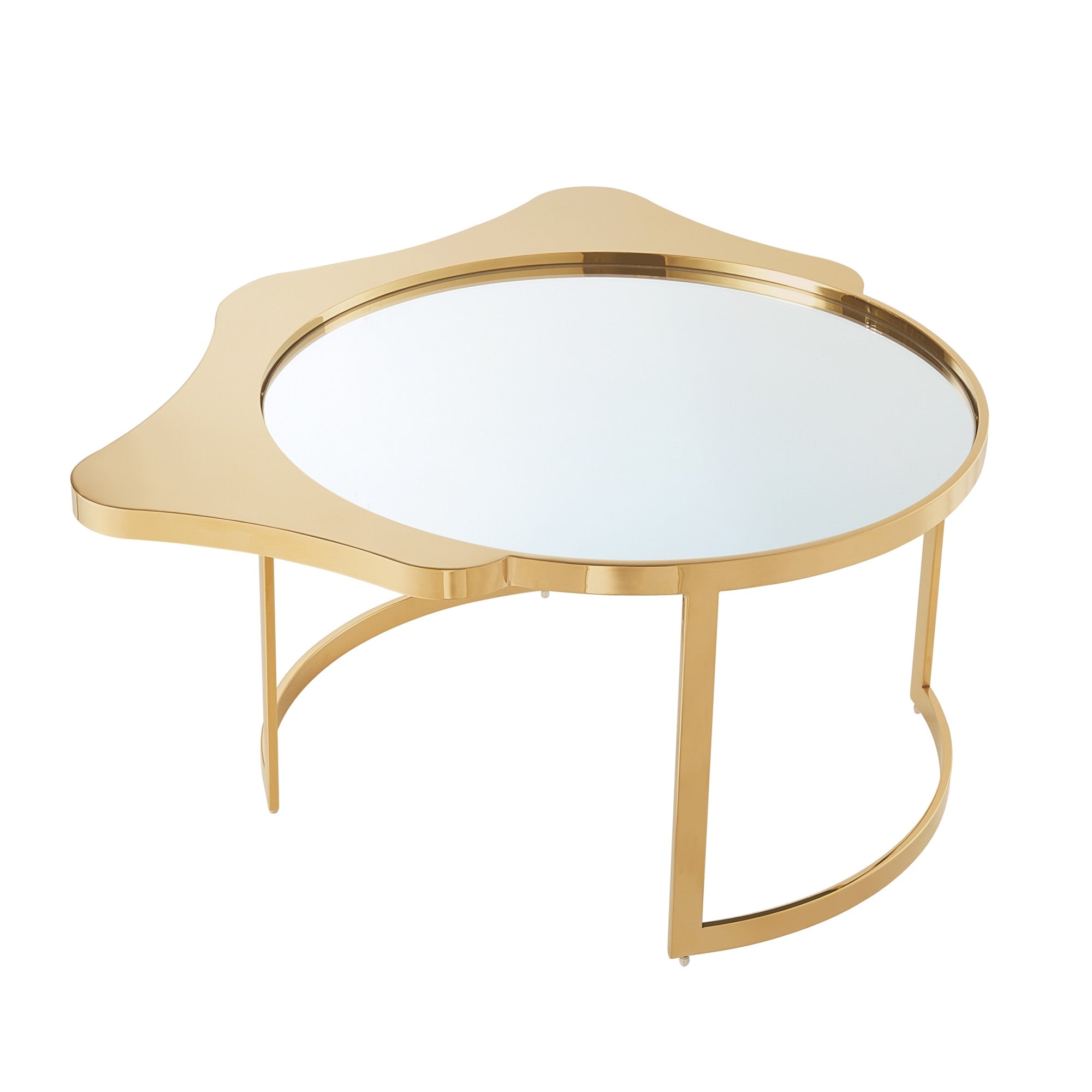 32" Gold Glass And Stainless Steel Round Mirrored Coffee Table-Coffee Tables-DECOROLALA