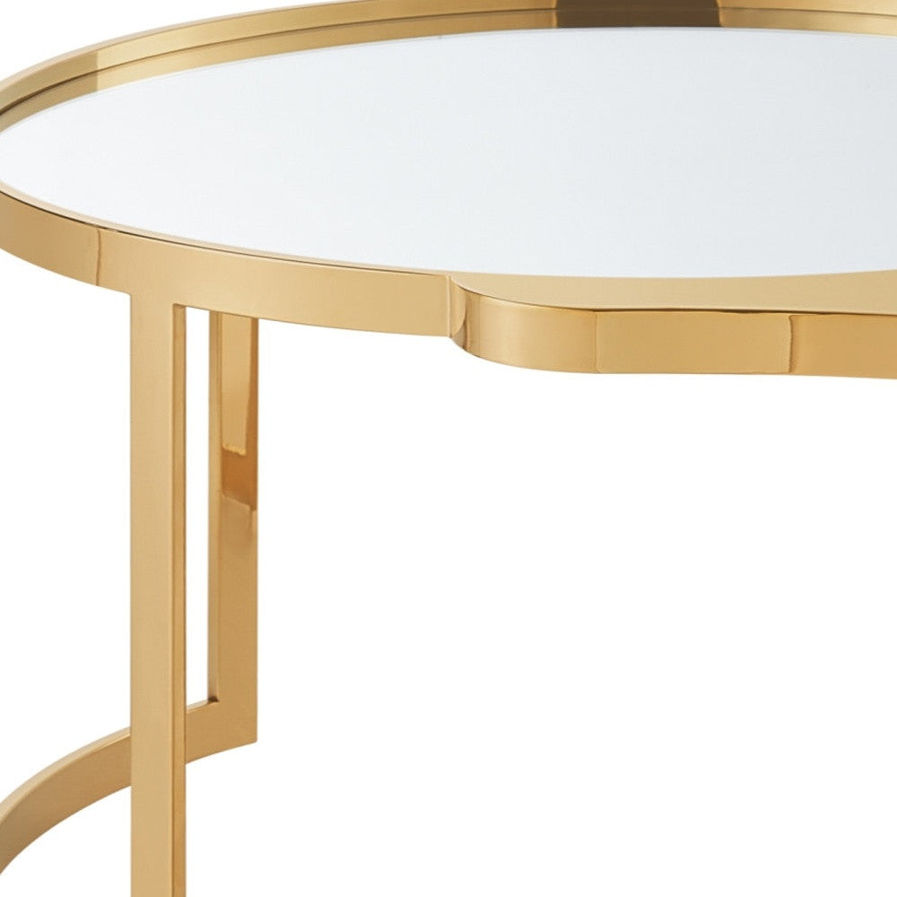 32" Gold Glass And Stainless Steel Round Mirrored Coffee Table-Coffee Tables-DECOROLALA