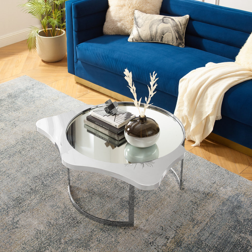 32" Silver Glass And Stainless Steel Round Mirrored Coffee Table-Coffee Tables-DECOROLALA