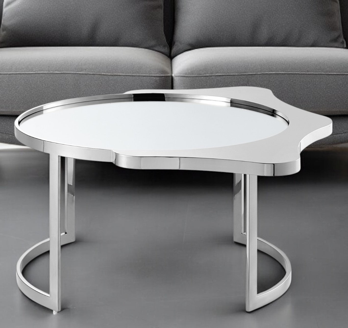 32" Silver Glass And Stainless Steel Round Mirrored Coffee Table-Coffee Tables-DECOROLALA