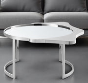 32" Silver Glass And Stainless Steel Round Mirrored Coffee Table-Coffee Tables-DECOROLALA