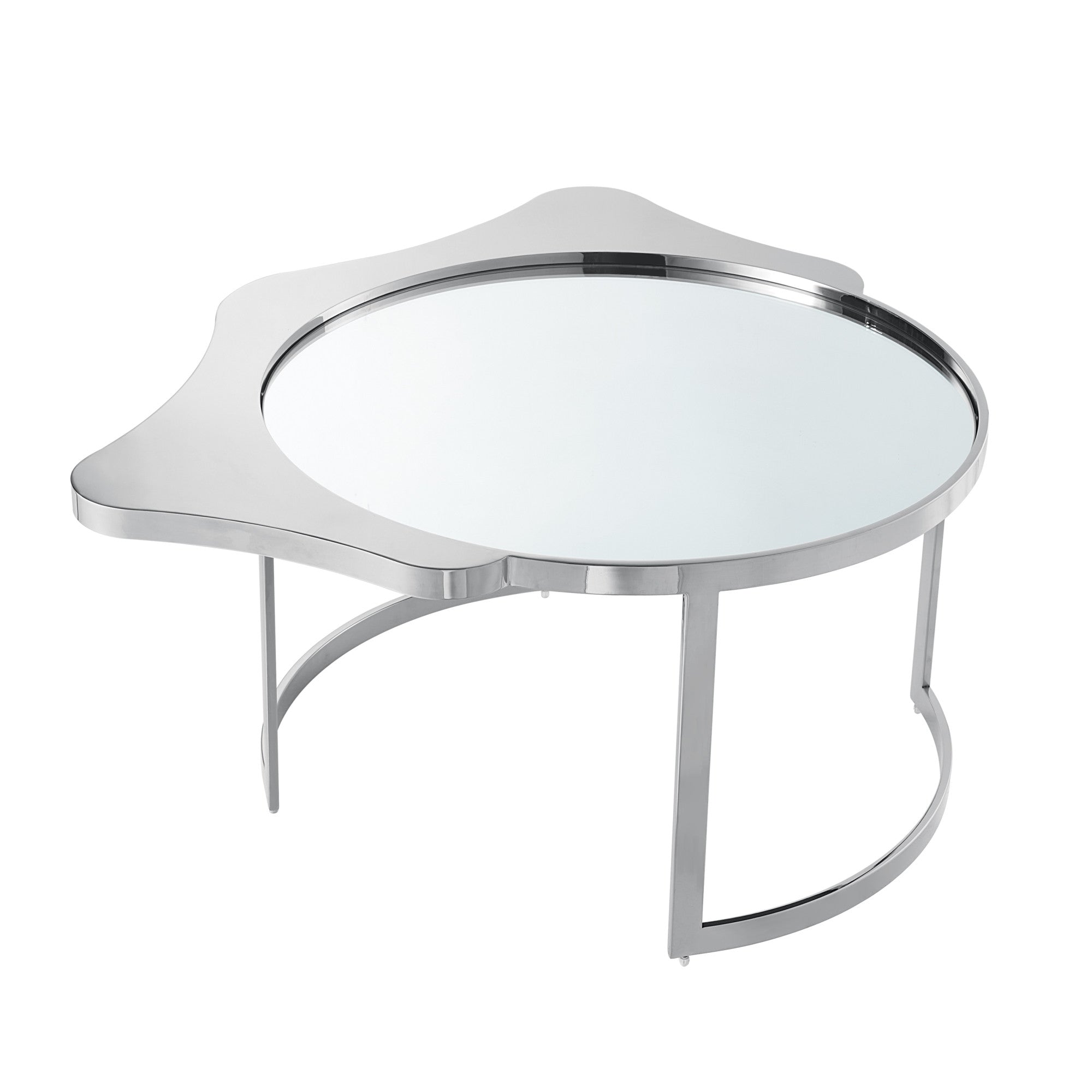 32" Silver Glass And Stainless Steel Round Mirrored Coffee Table-Coffee Tables-DECOROLALA