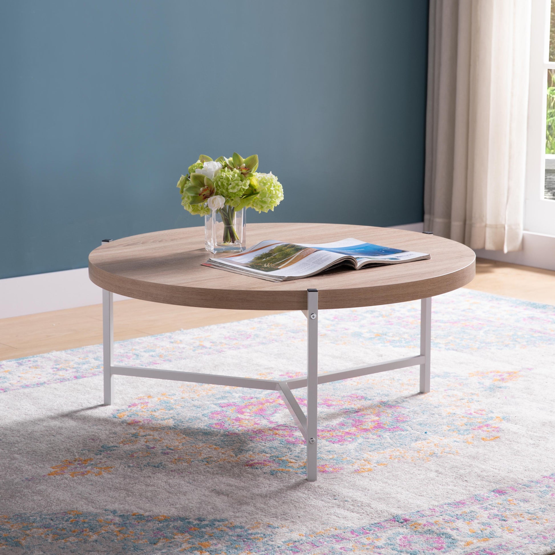 37" Natural And White Metal Round Coffee Table-Coffee Tables-DECOROLALA