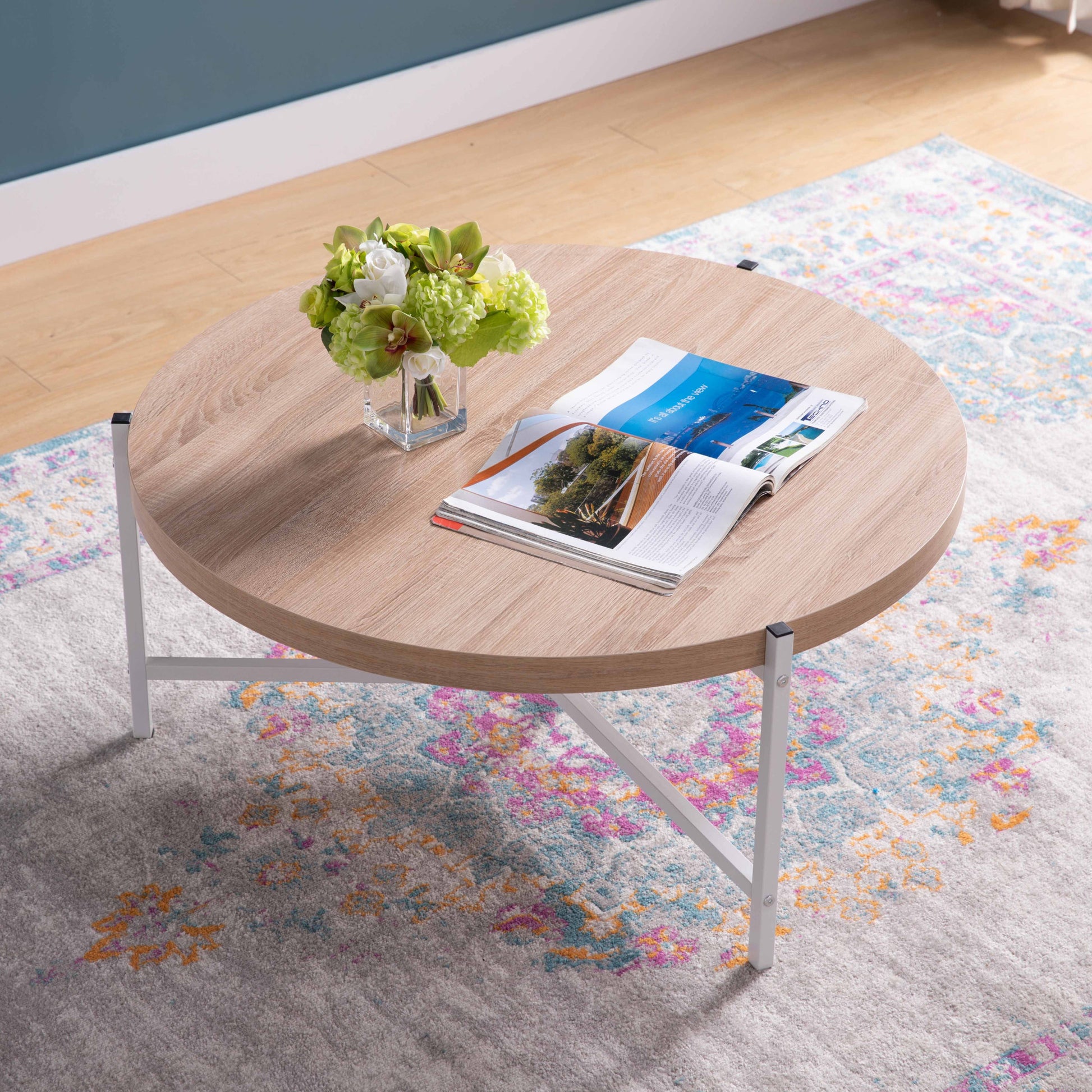 37" Natural And White Metal Round Coffee Table-Coffee Tables-DECOROLALA