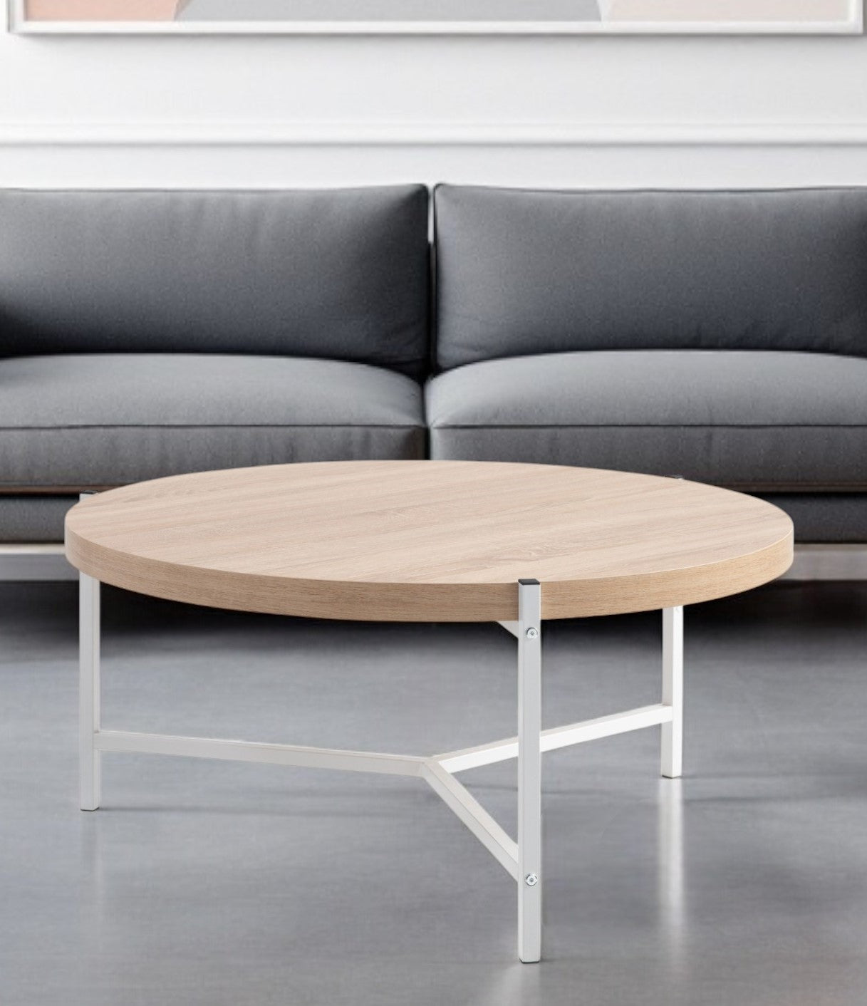37" Natural And White Metal Round Coffee Table-Coffee Tables-DECOROLALA