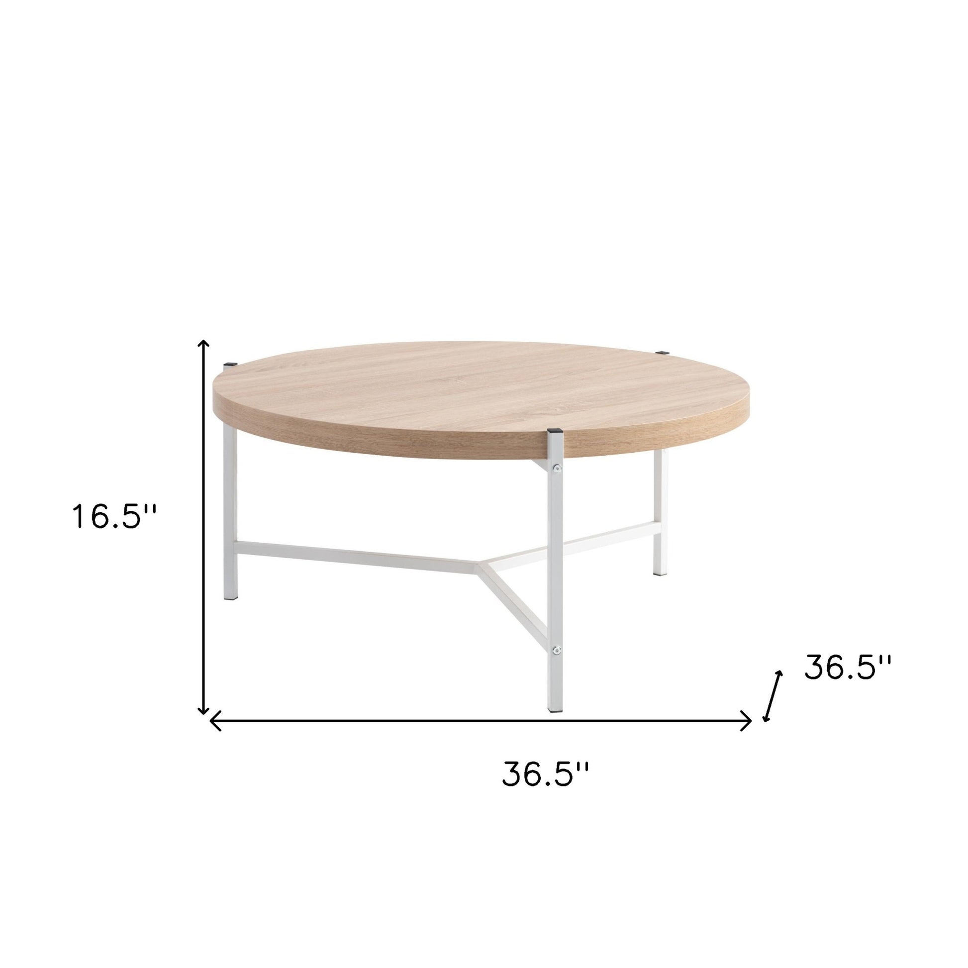 37" Natural And White Metal Round Coffee Table-Coffee Tables-DECOROLALA