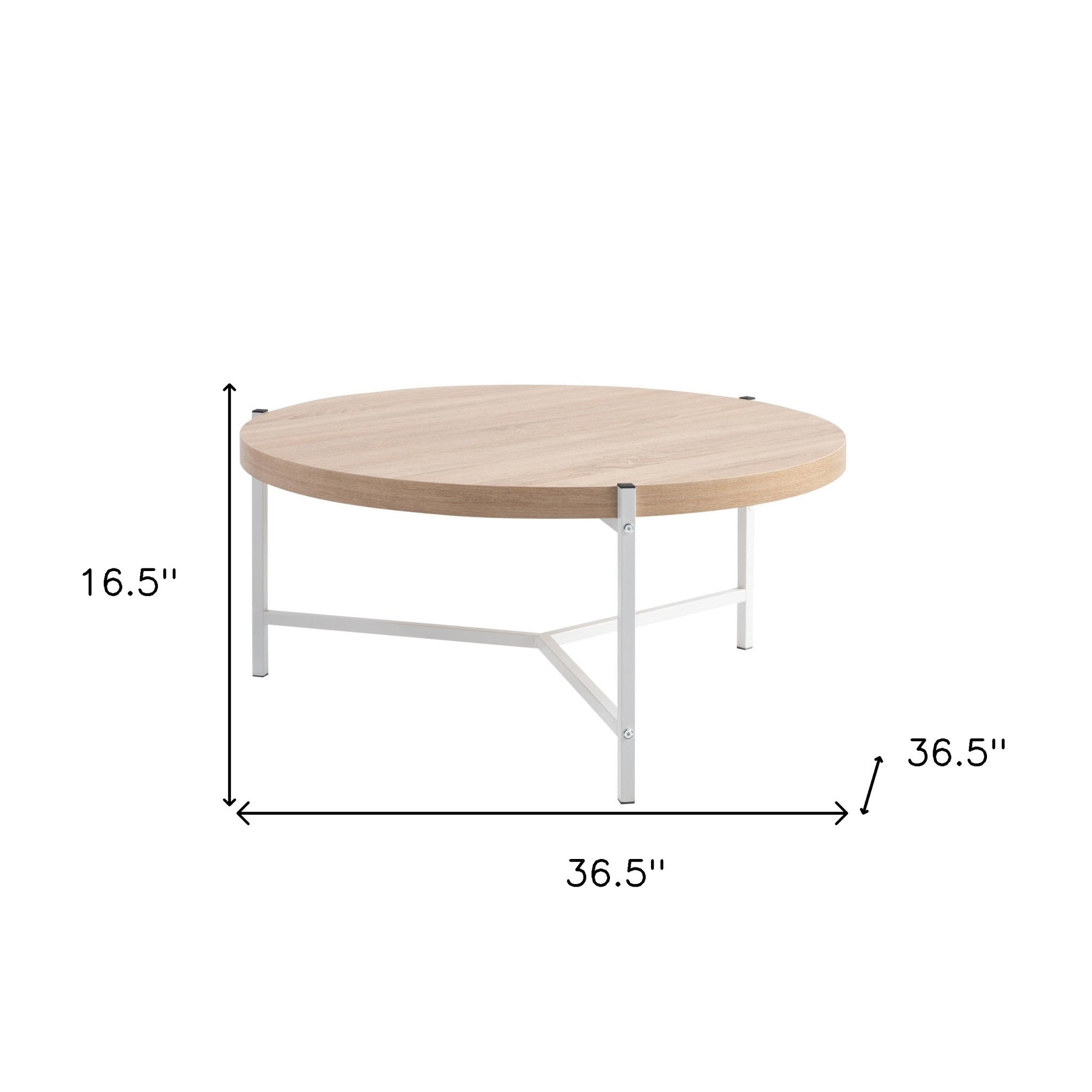 37" Natural And White Metal Round Coffee Table-Coffee Tables-DECOROLALA