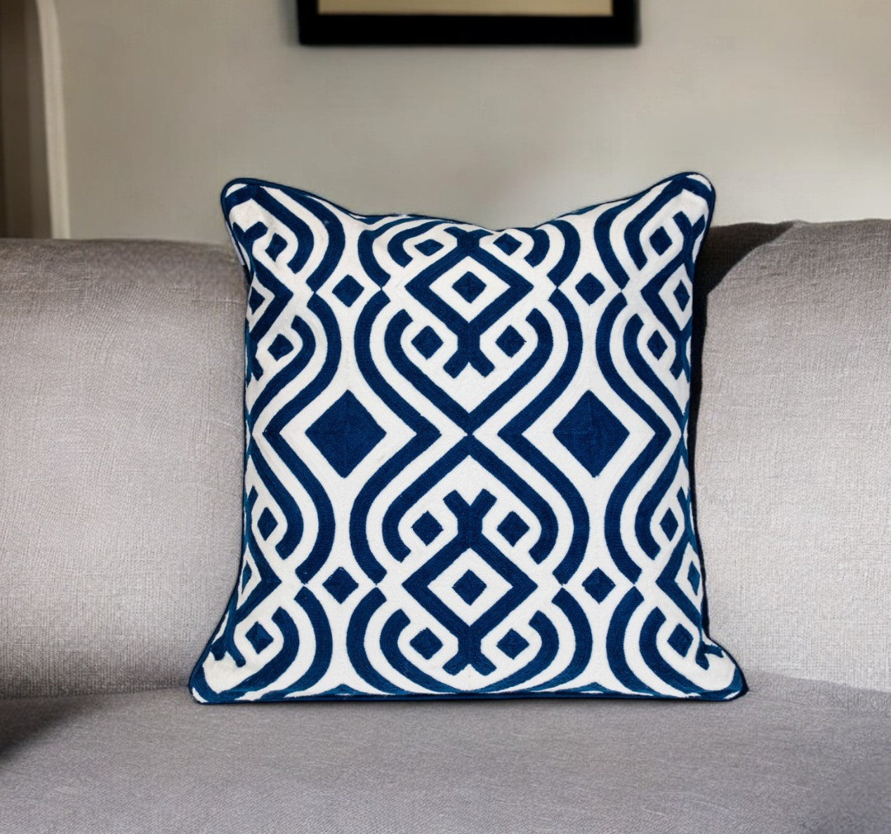 20" Blue and White Geometric Cotton Throw Pillow-Accent Throw Pillows-DECOROLALA