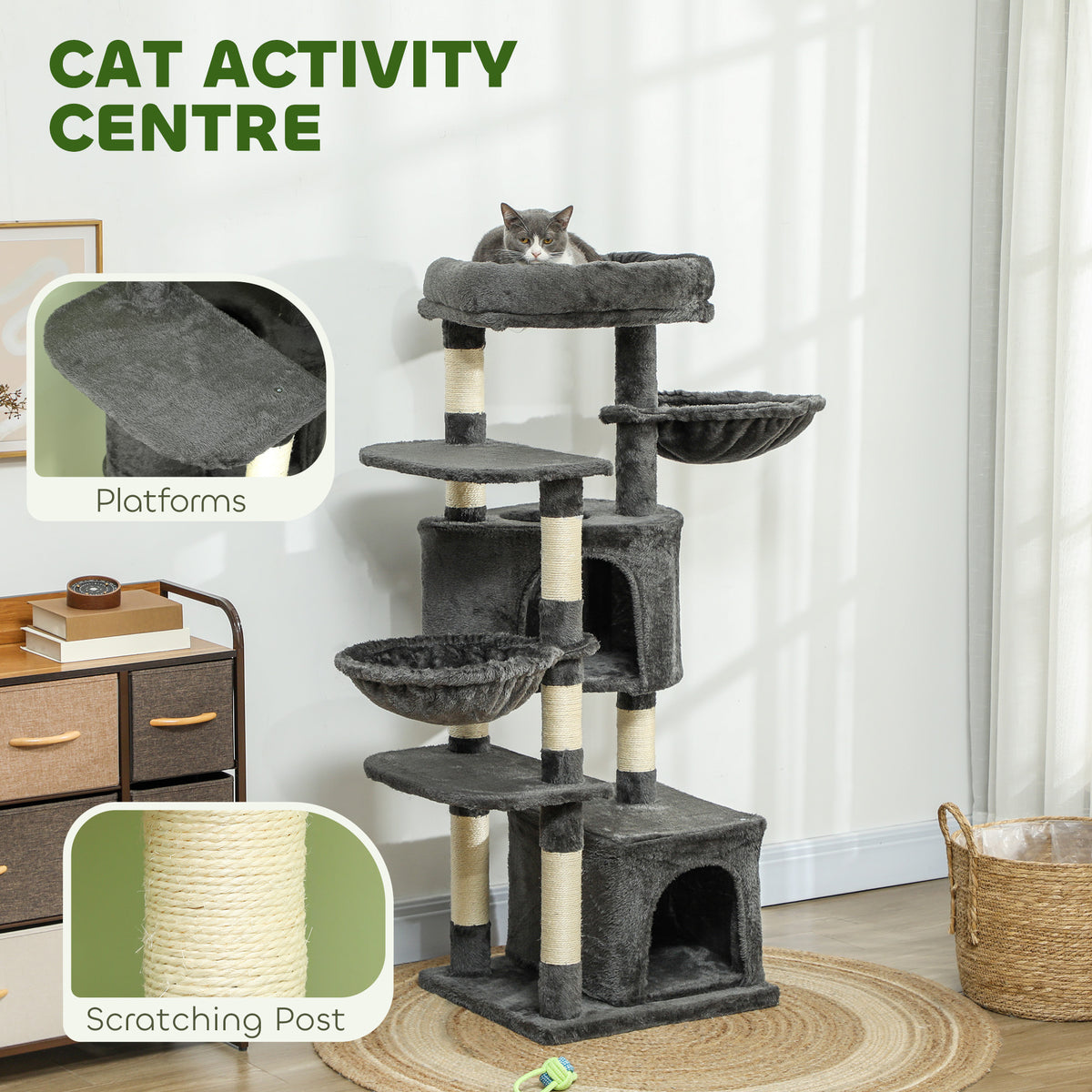 52.5" Cat Tree Tower with Condos and Hammocks - Dark Grey-Cats-DECOROLALA