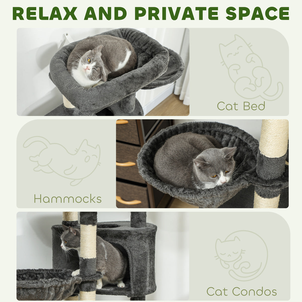 52.5" Cat Tree Tower with Condos and Hammocks - Dark Grey-Cats-DECOROLALA