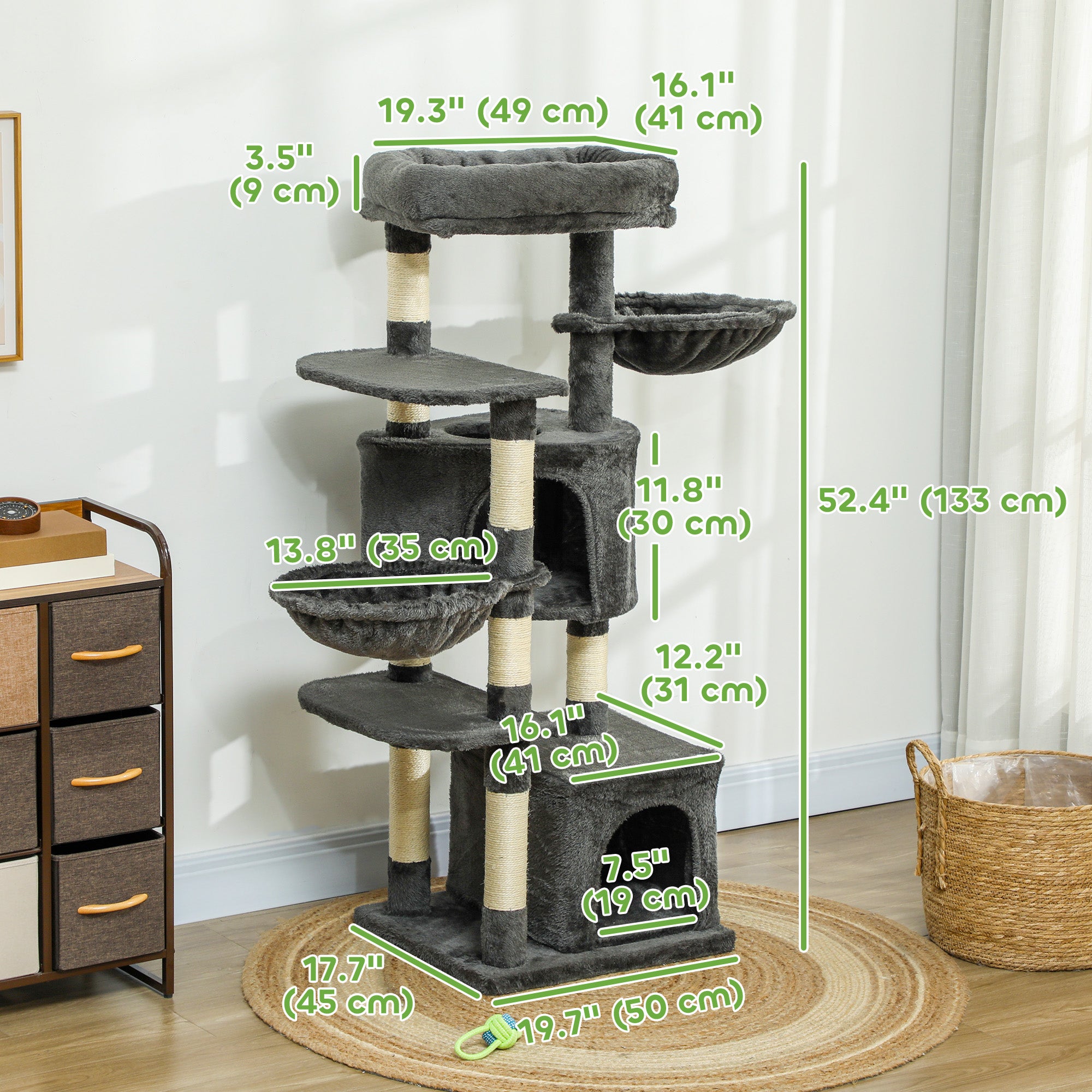 52.5" Cat Tree Tower with Scratching Posts, Cat Condos, Bed, Platforms, Hammocks, for Indoor Cats, Dark Grey-Cats-DECOROLALA