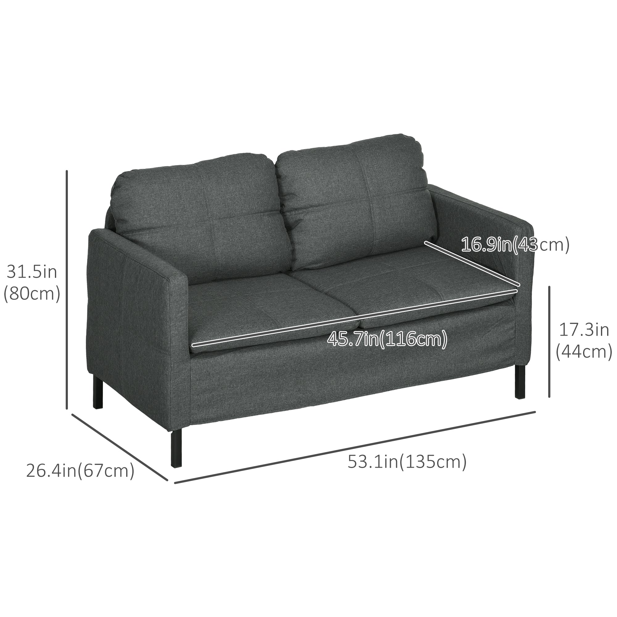 53" 2 Seat Sofa - Dark Grey, Steel Legs, Comfortable, Small Space-DECOROLALA