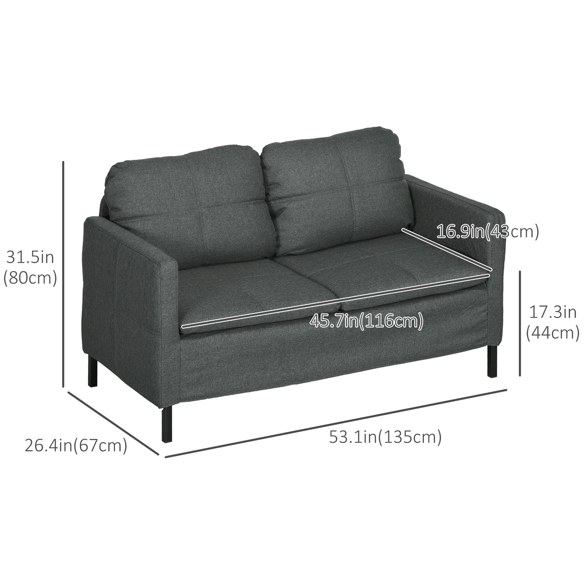53" 2 Seat Sofa - Dark Grey, Steel Legs, Comfortable, Small Space-Sofas-DECOROLALA