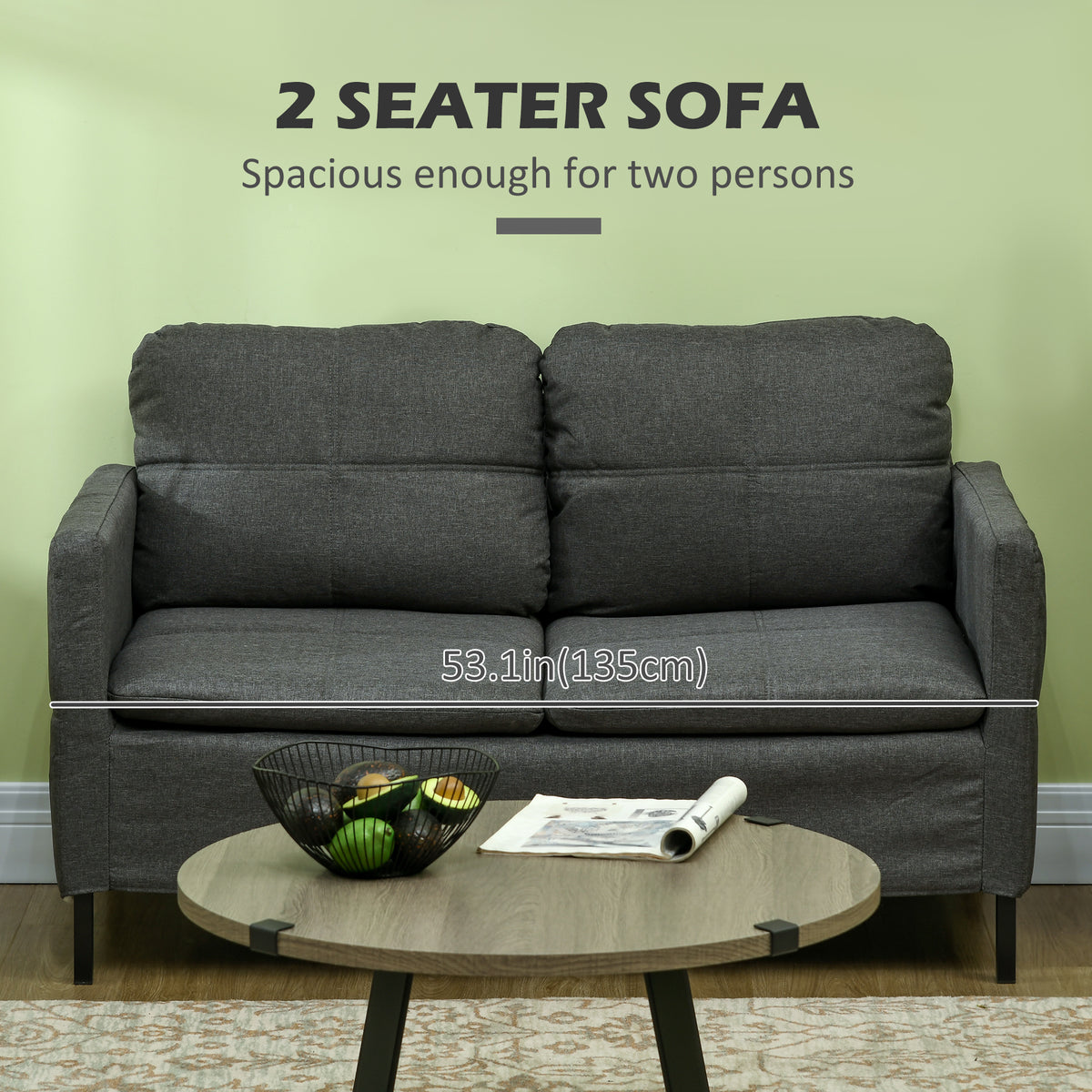 53" 2 Seat Sofa - Dark Grey, Steel Legs, Comfortable, Small Space-Sofas-DECOROLALA