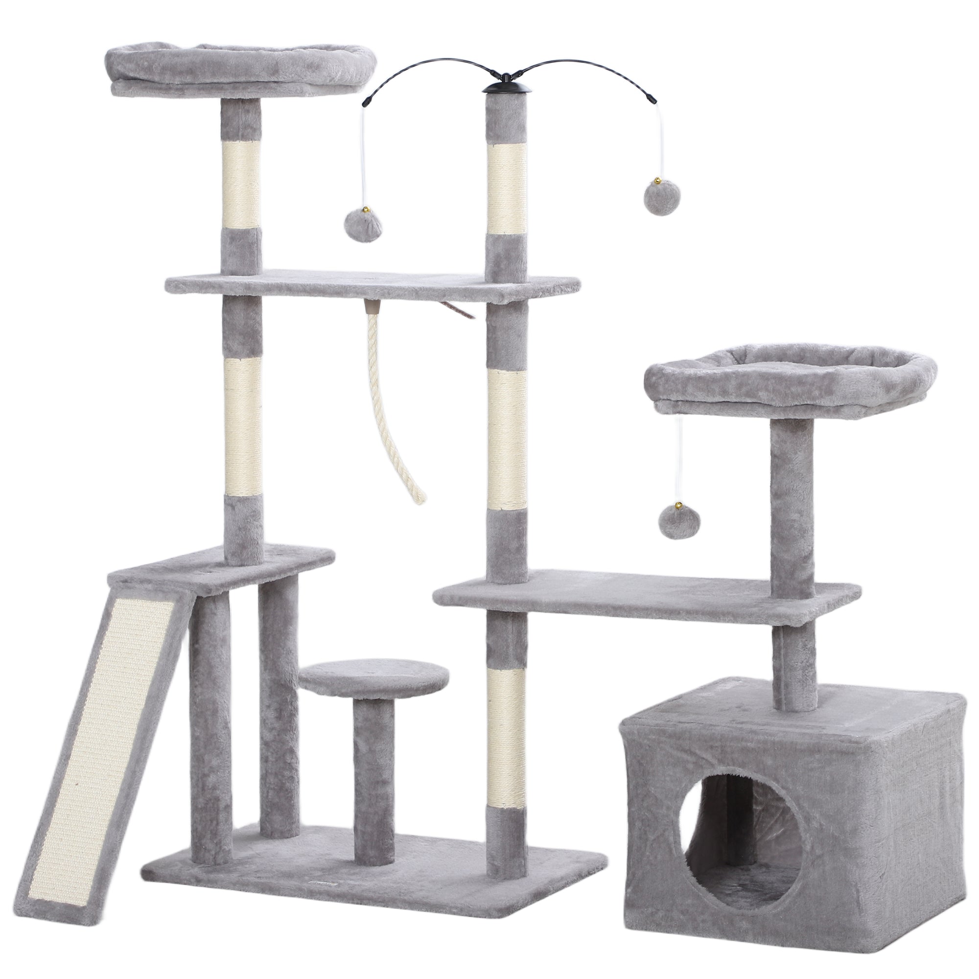 53" Cat Tree, Cat Tower with Scratching Posts, Cat Condo, Beds, Platforms, Toy Balls for Indoor Cats, Light Grey-Cats-DECOROLALA