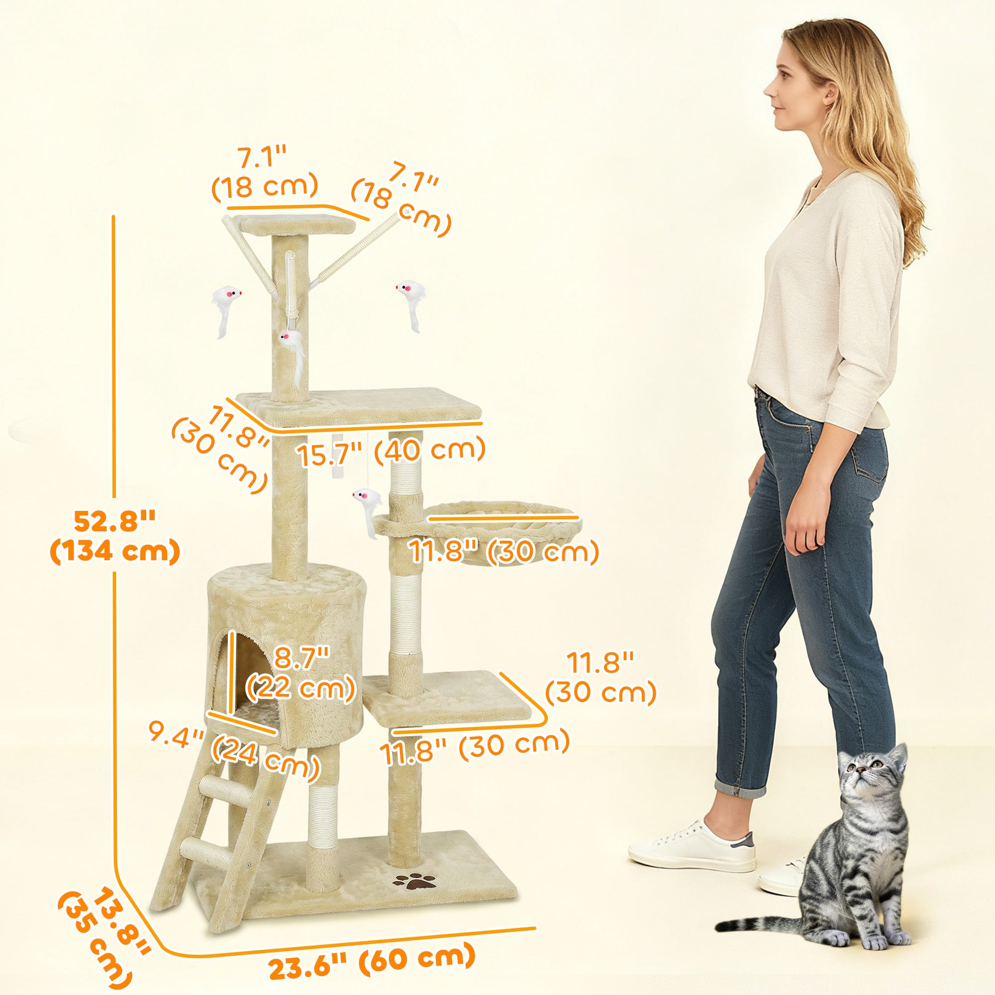 53" Cat Tree Tower, Kitten Activity Centre with Scratching Posts, Condo, Perches, Ladder, Hammock, Dangling Toys, Beige-Cats-DECOROLALA