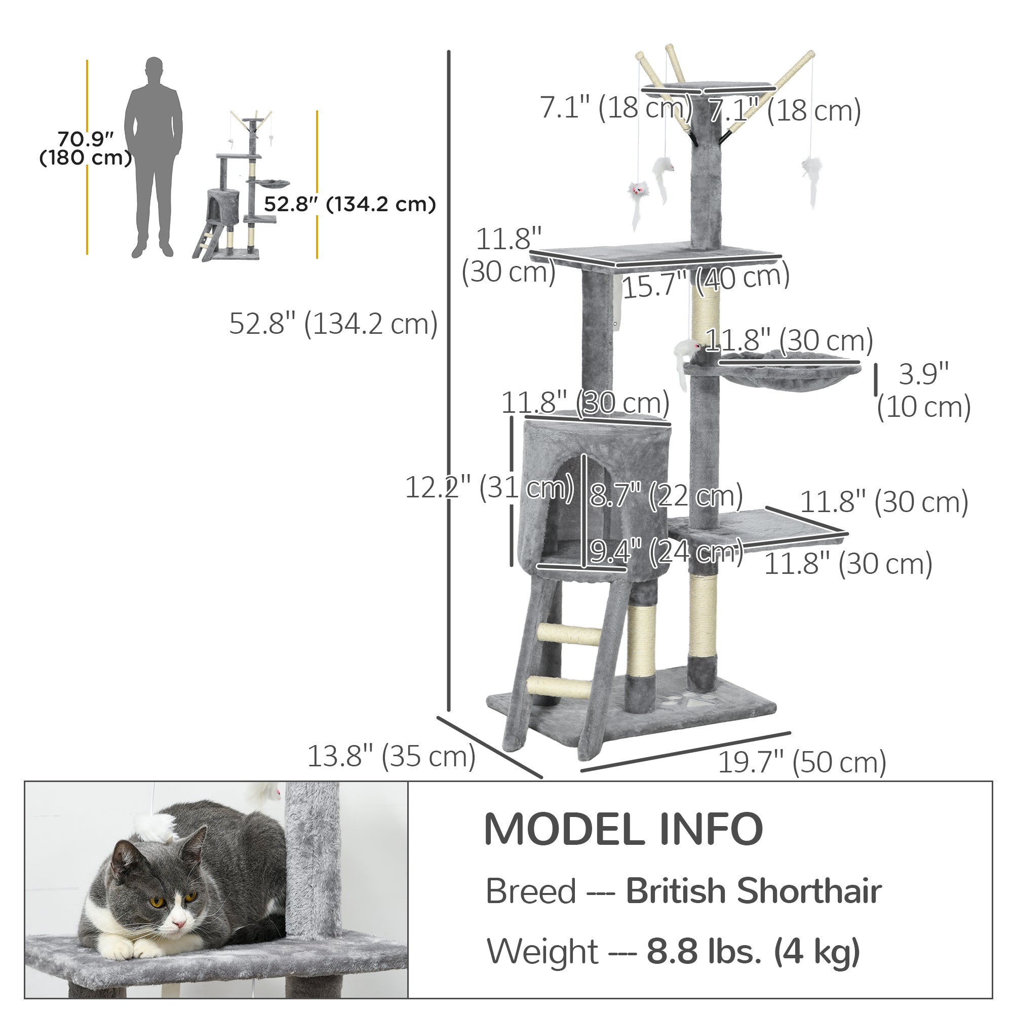 53" Cat Tree Tower, Kitten Activity Centre with Scratching Posts, Condo, Perches, Ladder, Hammock, Dangling Toys, Grey-Cats-DECOROLALA