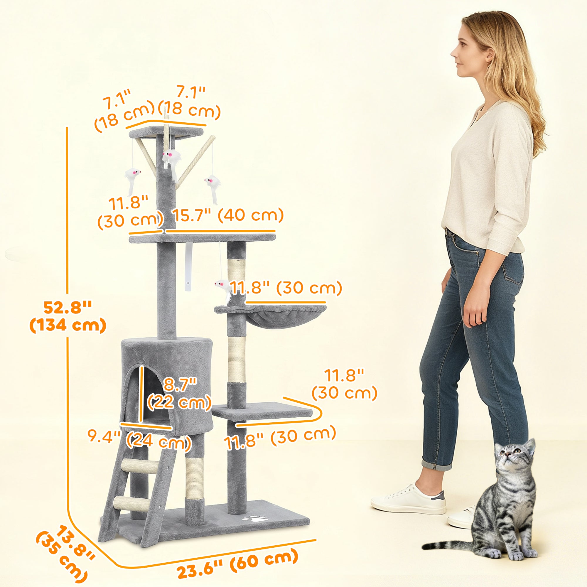 53" Cat Tree Tower, Kitten Activity Centre with Scratching Posts, Condo, Perches, Ladder, Hammock, Dangling Toys, Grey-Cats-DECOROLALA