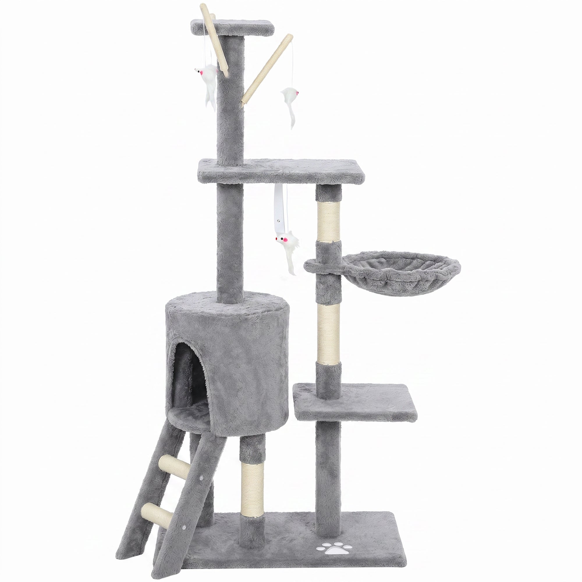 53" Cat Tree Tower, Kitten Activity Centre with Scratching Posts, Condo, Perches, Ladder, Hammock, Dangling Toys, Grey-Cats-DECOROLALA