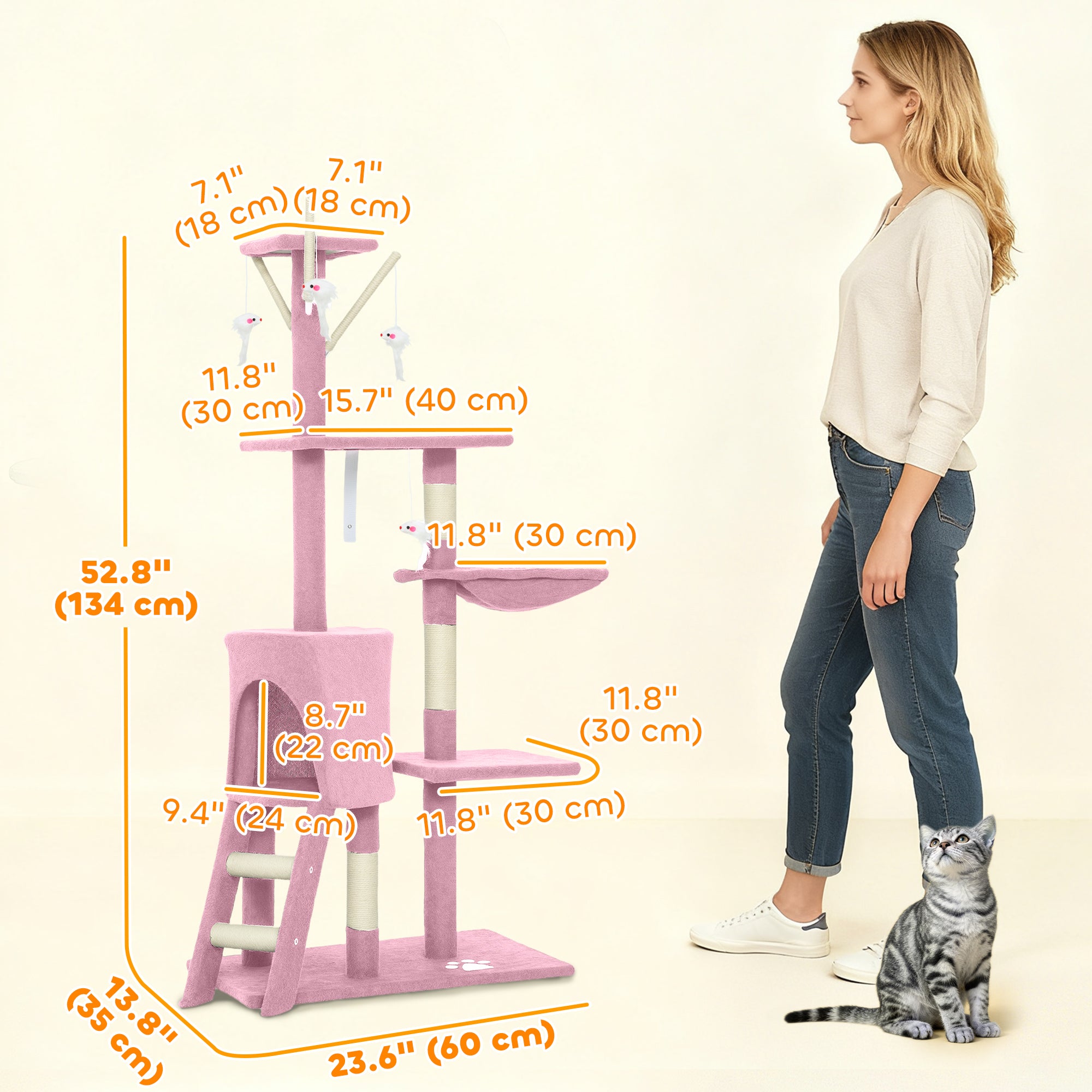 53" Cat Tree Tower, Kitten Activity Centre with Scratching Posts, Condo, Perches, Ladder, Hammock, Dangling Toys, Pink-Cats-DECOROLALA