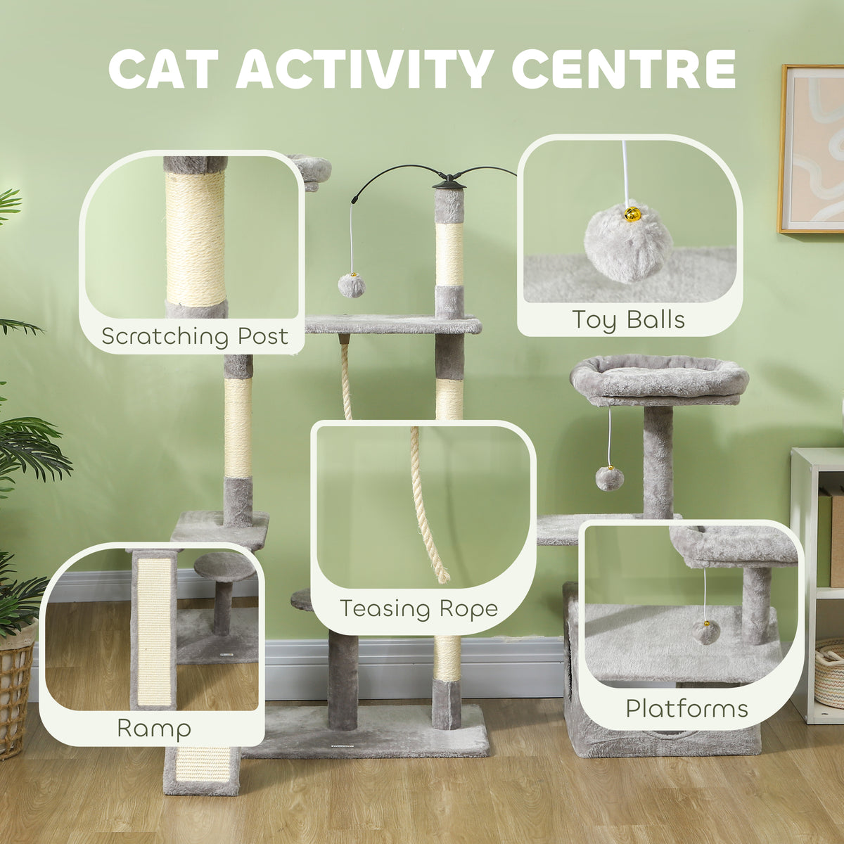 53" Cat Tree Tower with Condo and Scratching Posts - Light Grey-Cats-DECOROLALA