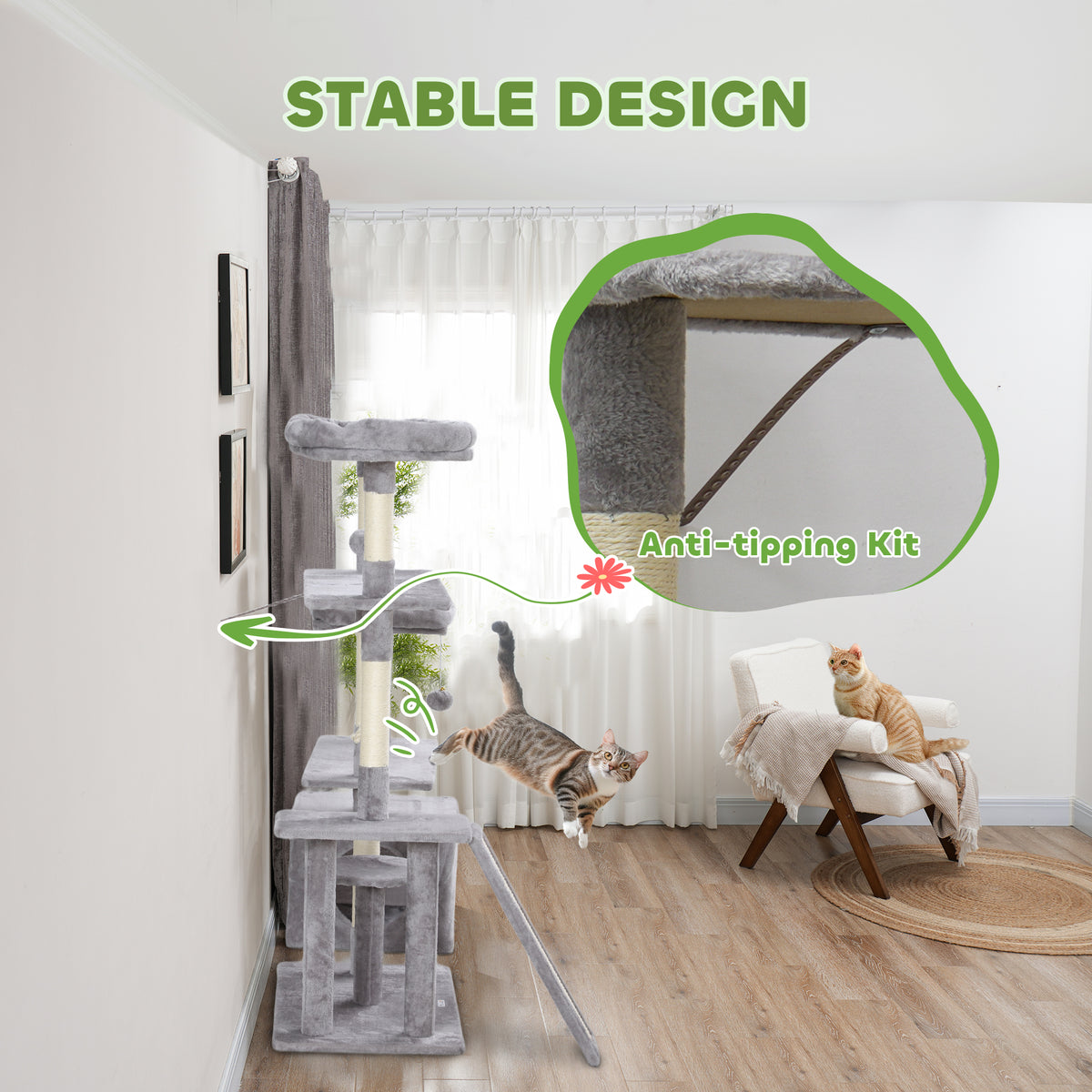 53" Cat Tree Tower with Condo and Scratching Posts - Light Grey-Cats-DECOROLALA