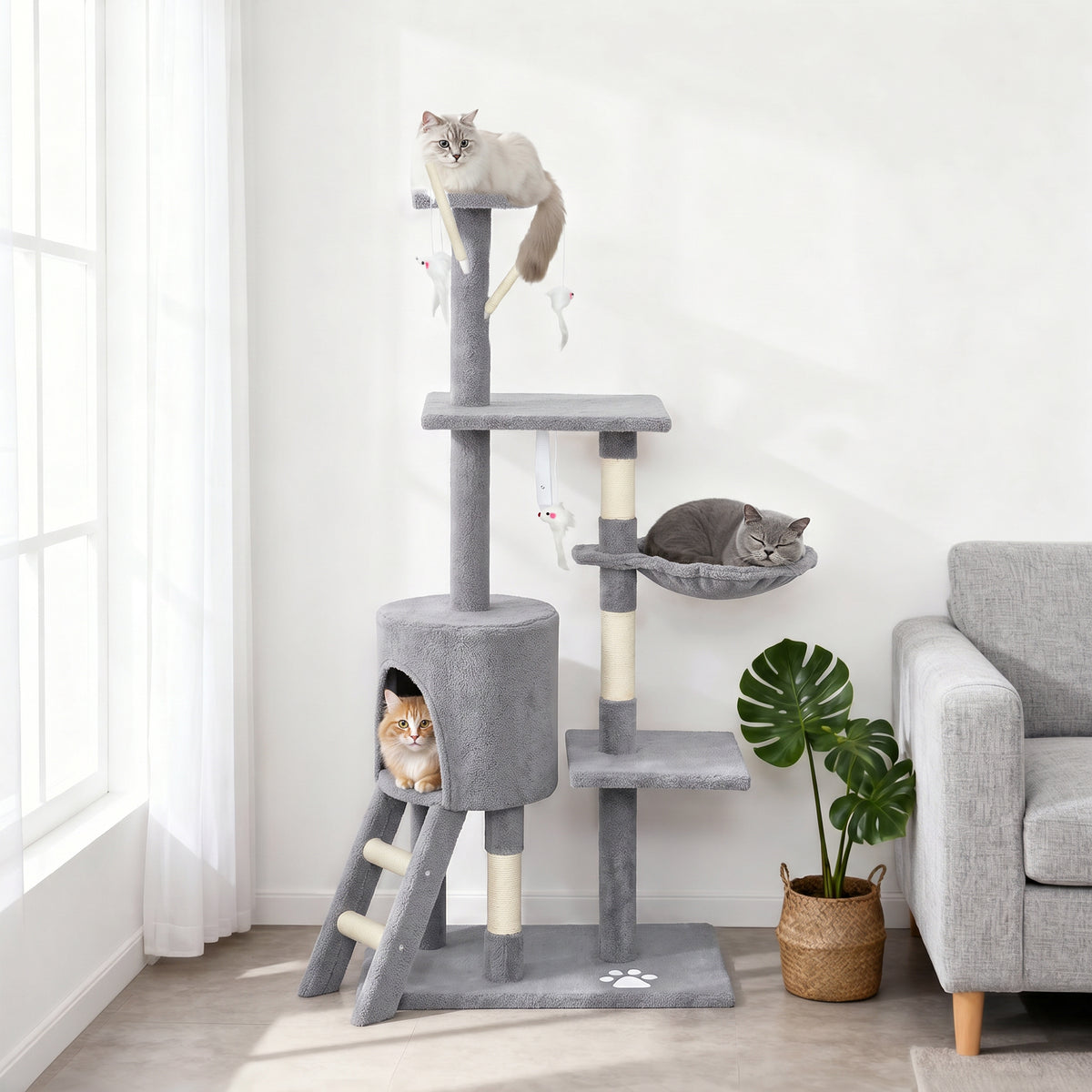 53" Cat Tree Tower with Scratching Posts & Condo - Grey-Cat Supplies-DECOROLALA