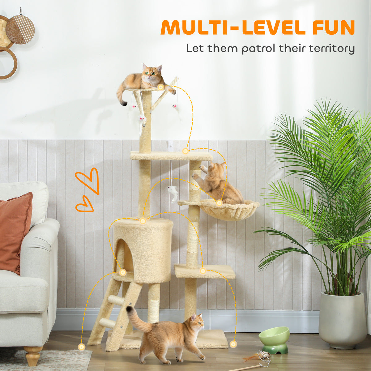 53" Cat Tree Tower with Scratching Posts and Condo - Beige-Cats-DECOROLALA