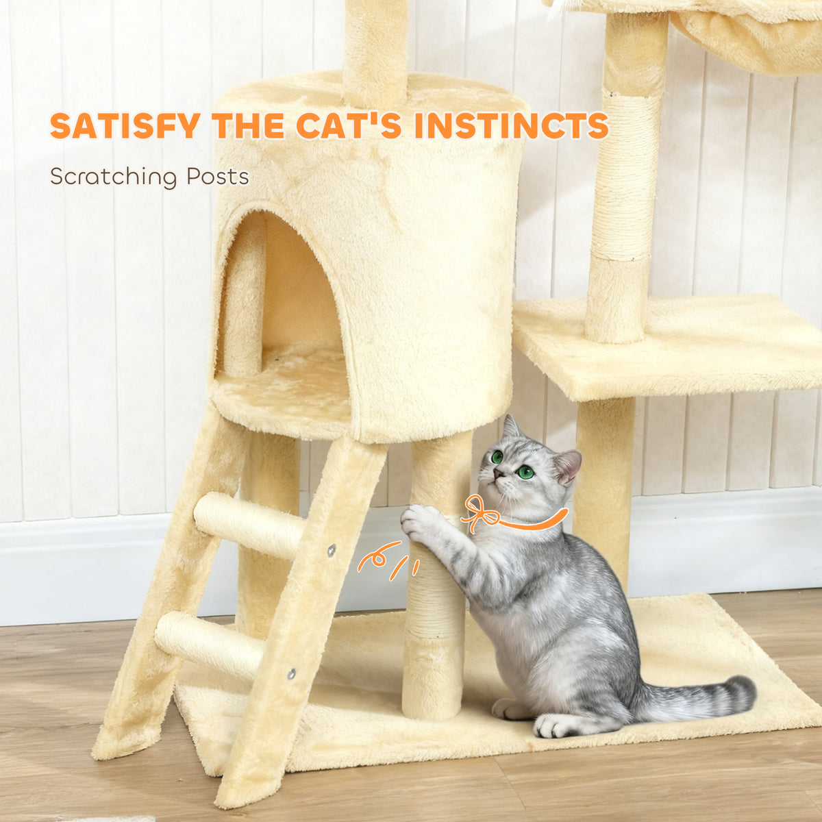 53" Cat Tree Tower with Scratching Posts and Condo - Beige-Cats-DECOROLALA