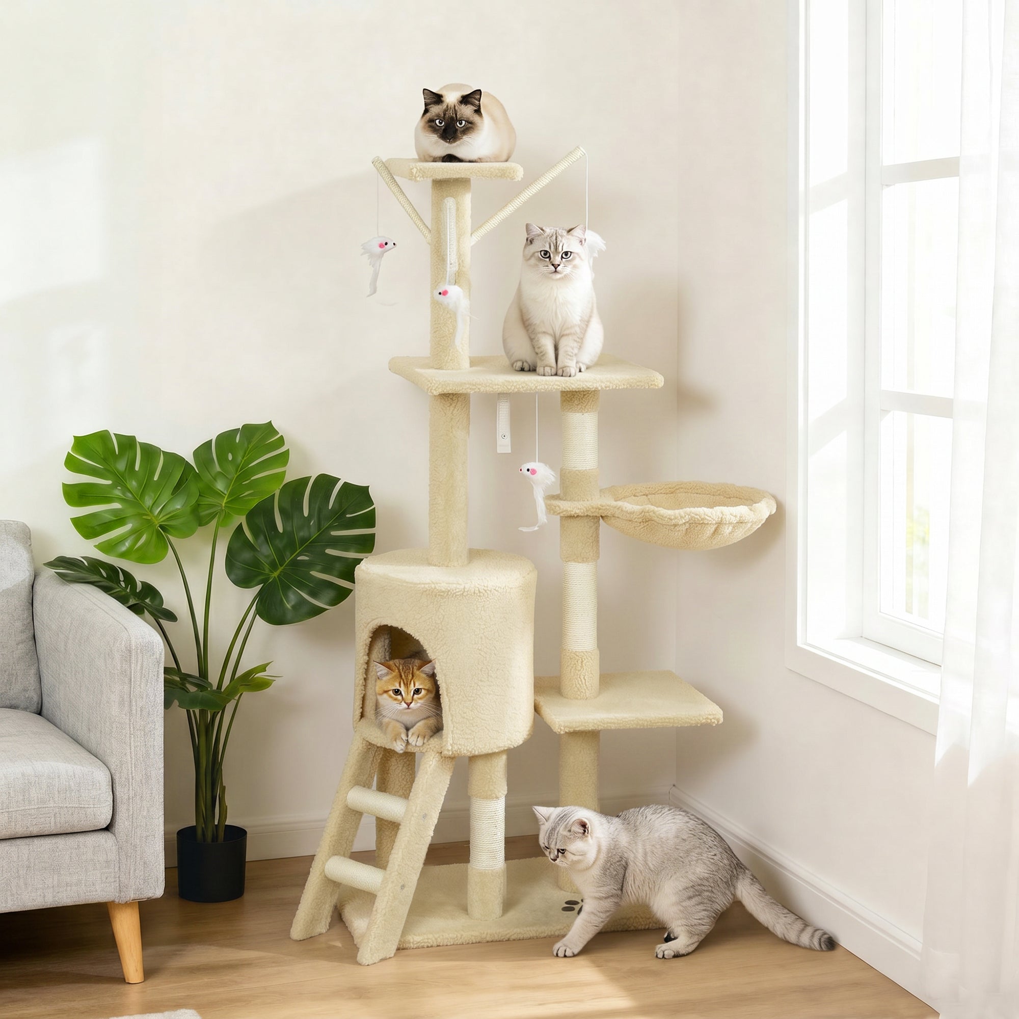 53" Cat Tree Tower with Scratching Posts and Condo - Beige-Cats-DECOROLALA
